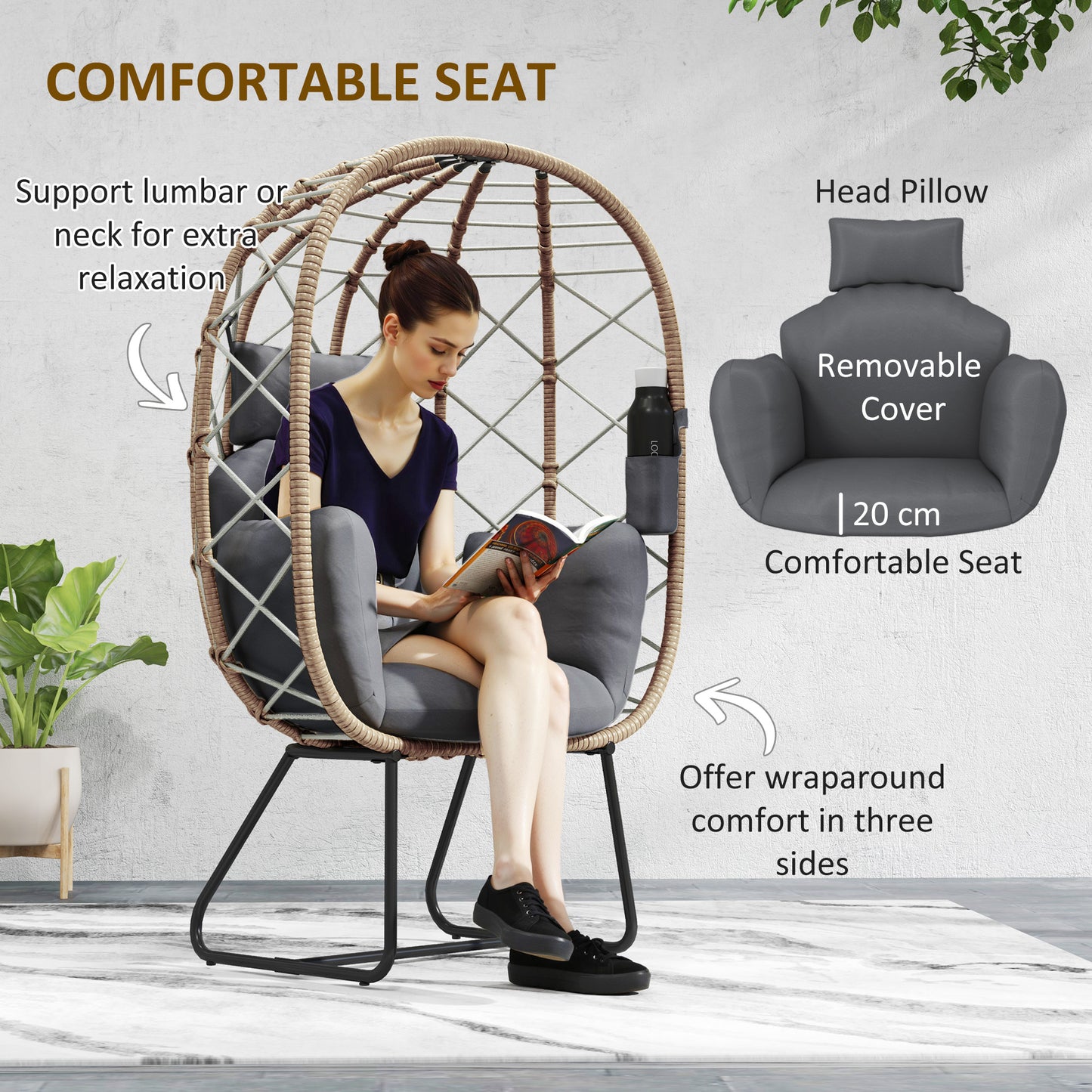 Rattan Egg Chair Outdoor Indoor Wicker Chair with Thickened Cushion