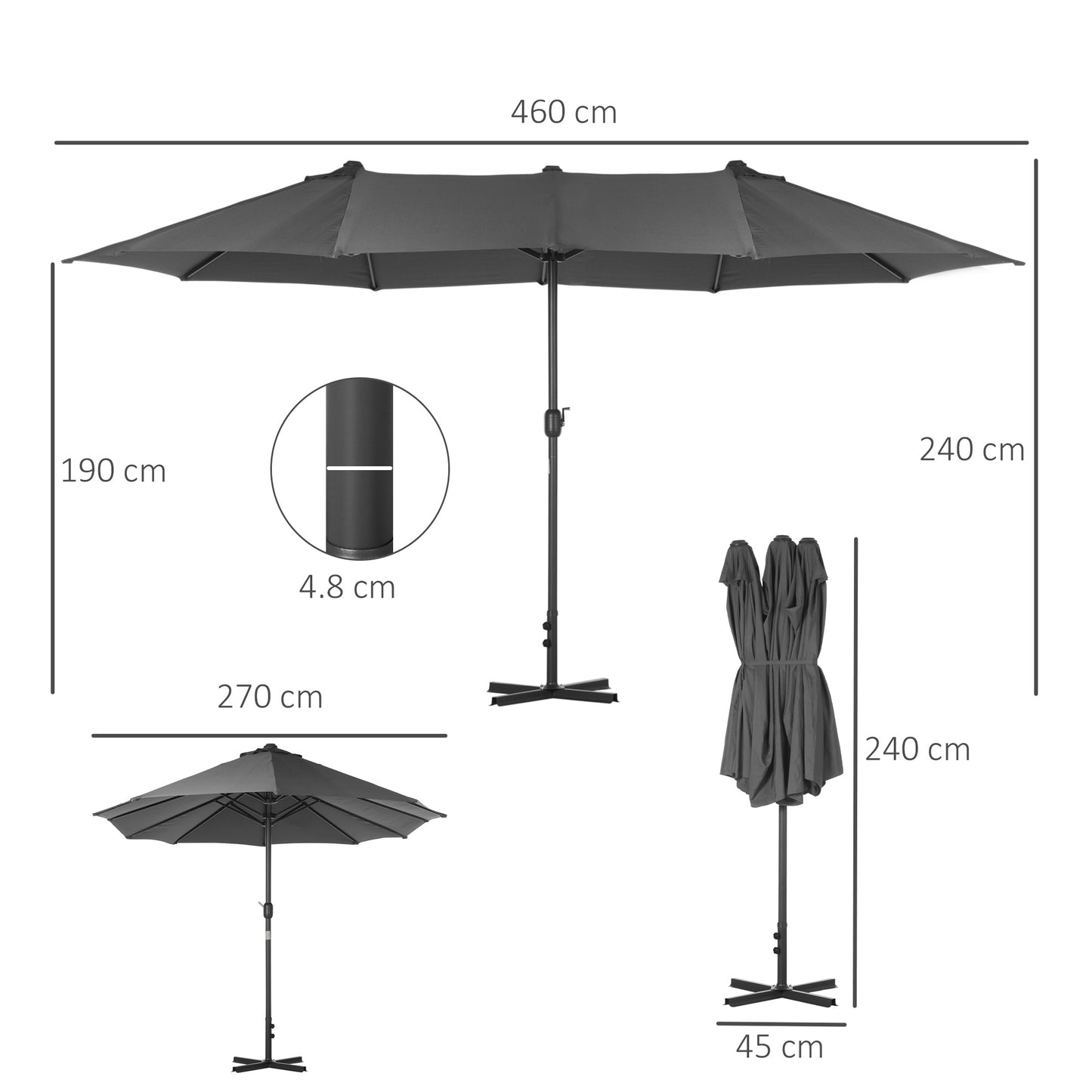 4.6M Sun Umbrella Canopy Double-sided Crank Sun Shade w/ Cross Base (1)