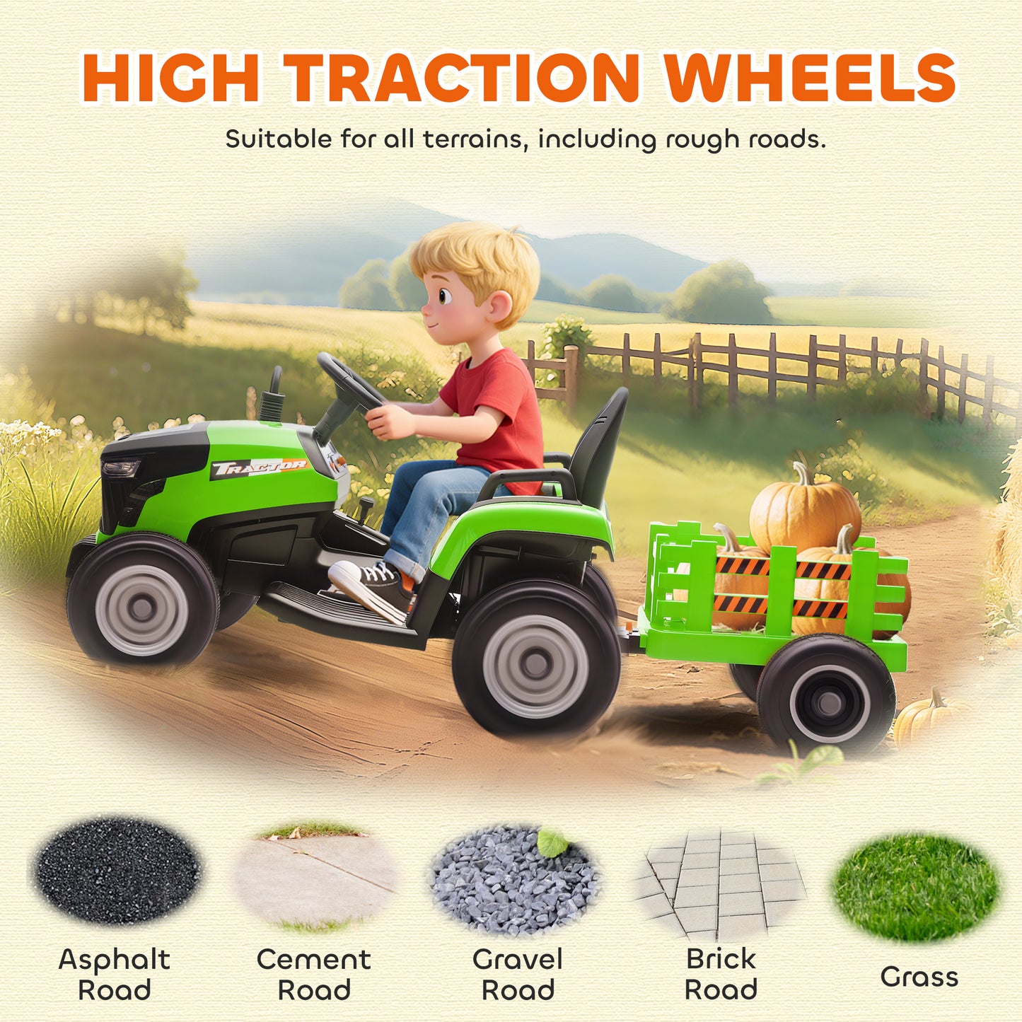12V Ride on Tractor and Trailer with Remote Control, Music, Shifter