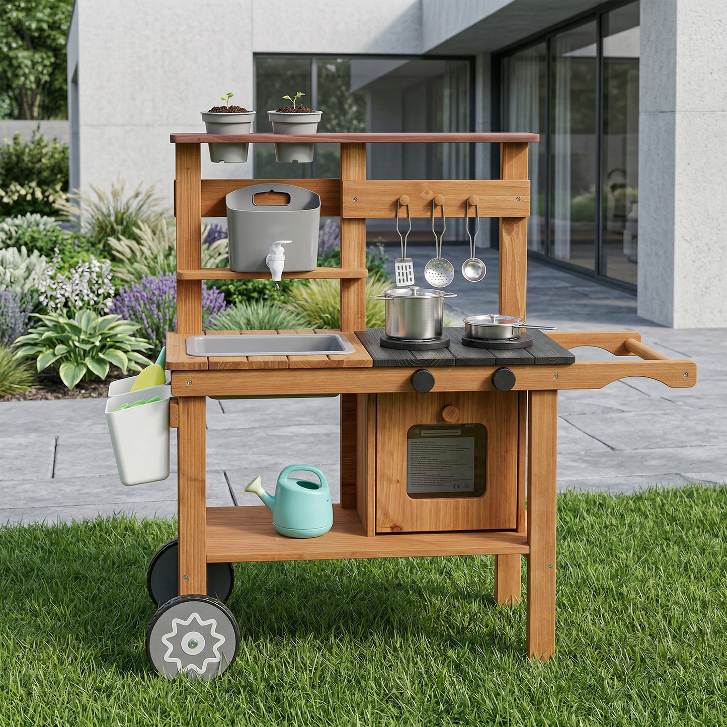 Wooden Mud Kitchen with Wheels, Stove, Faucet, Flower Pots