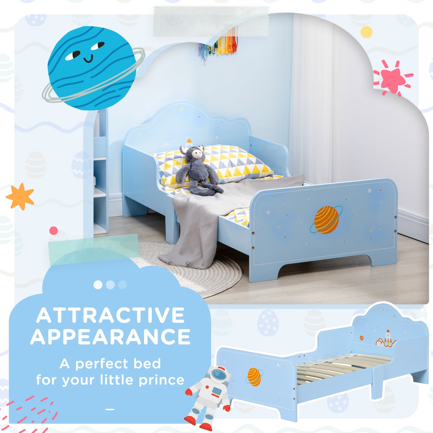 Space Themed Toddler Bed, Kids Bedroom Furniture, with Safety Rails