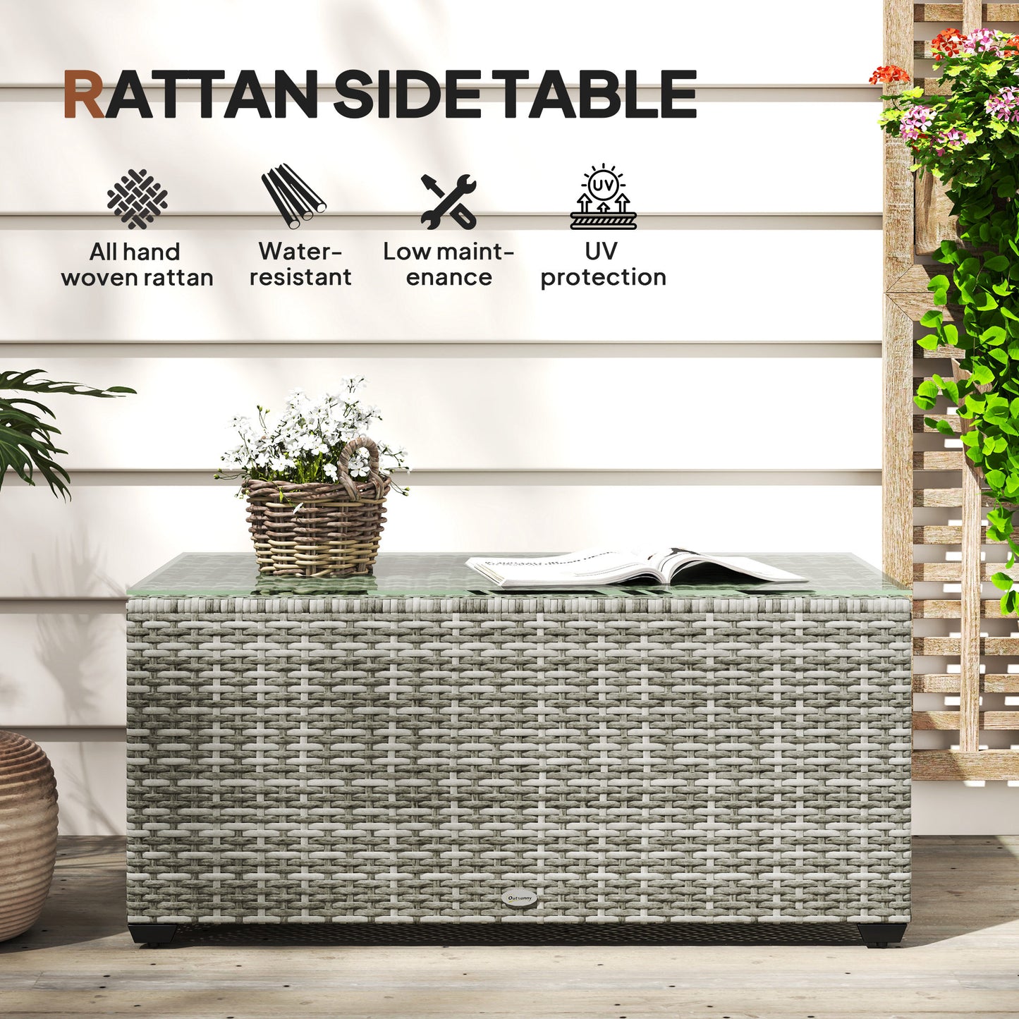 90 x 50cm Glass-Top Rattan Side Table