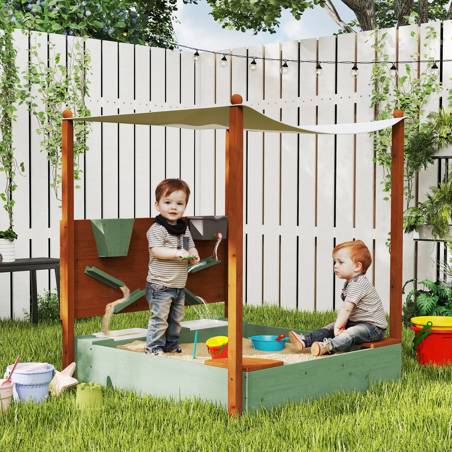 Wood Sandpit with Canopy, Storage Bins, Funnel, Liner, Chutes