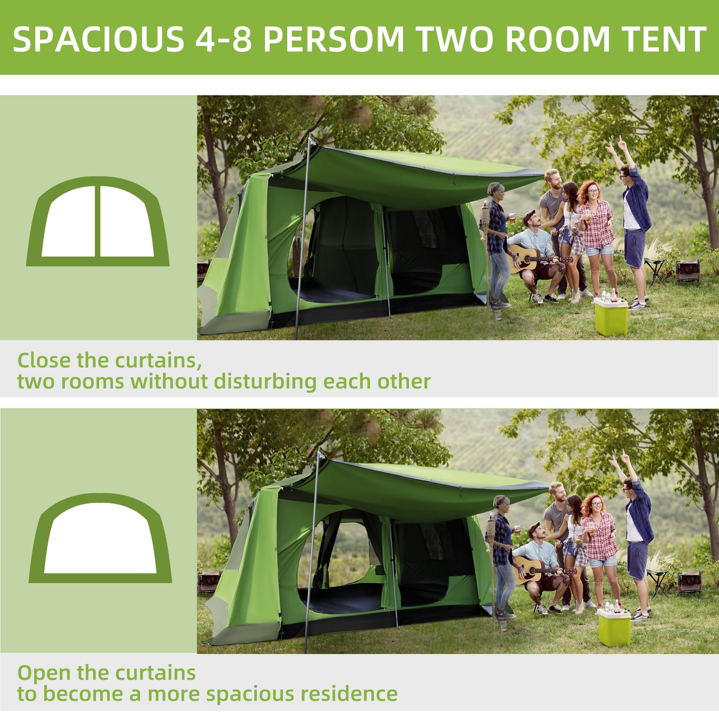 Tunnel Tent Camping Shelter w/ Porch, Two Rooms, Lamp Hook