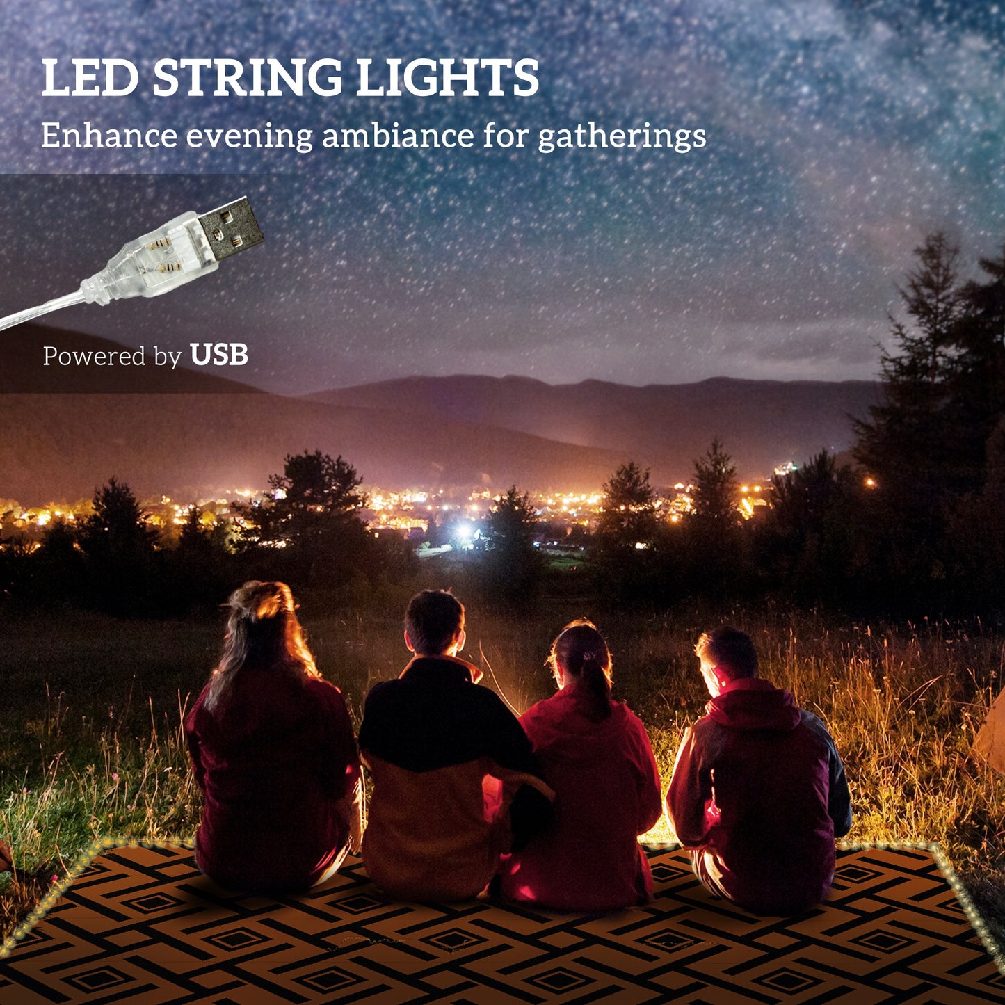 Plastic Straw Reversible RV Outdoor Rug with LED String Light