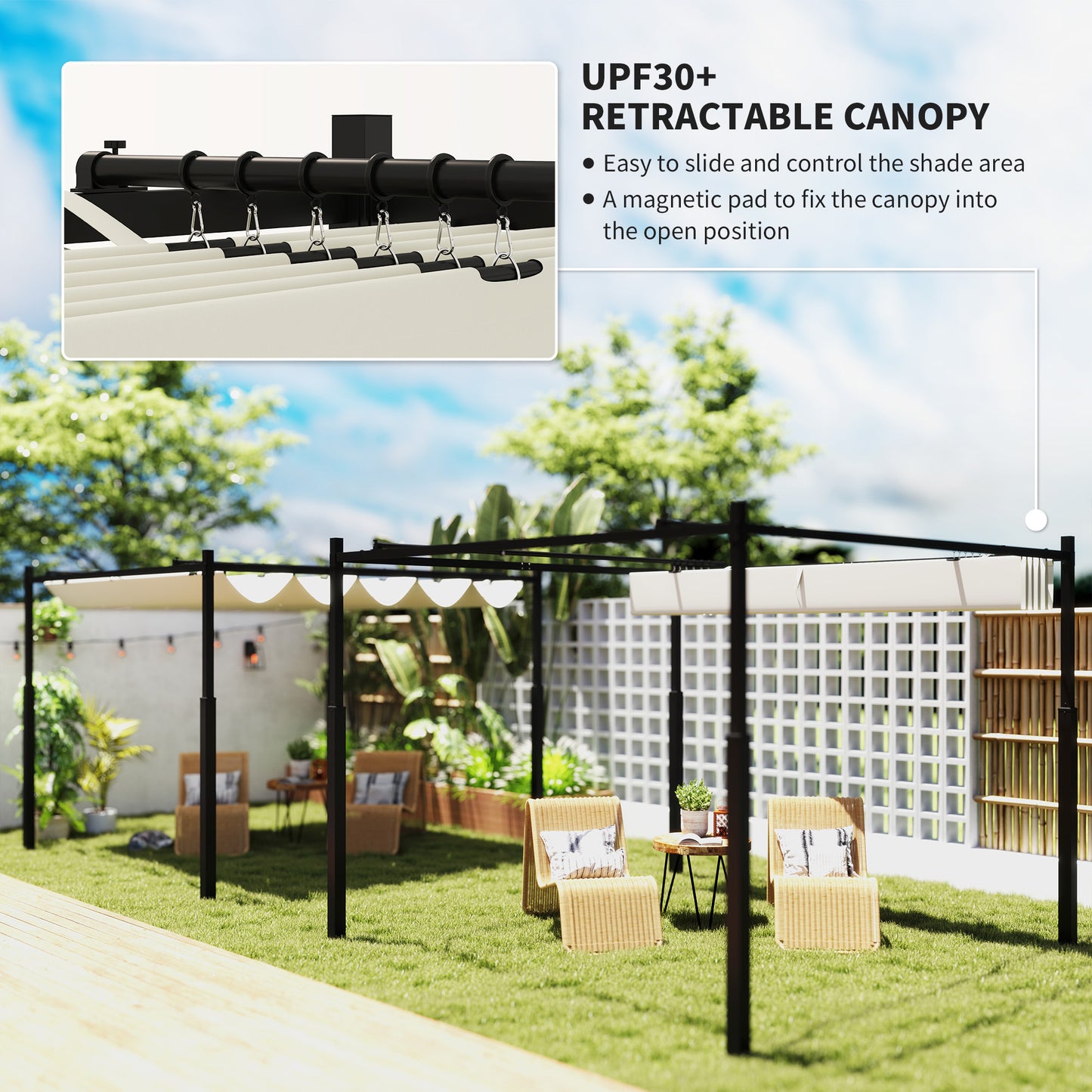 3 x 3(m) Metal Pergola with Retractable Roof and Magnetic Fixture