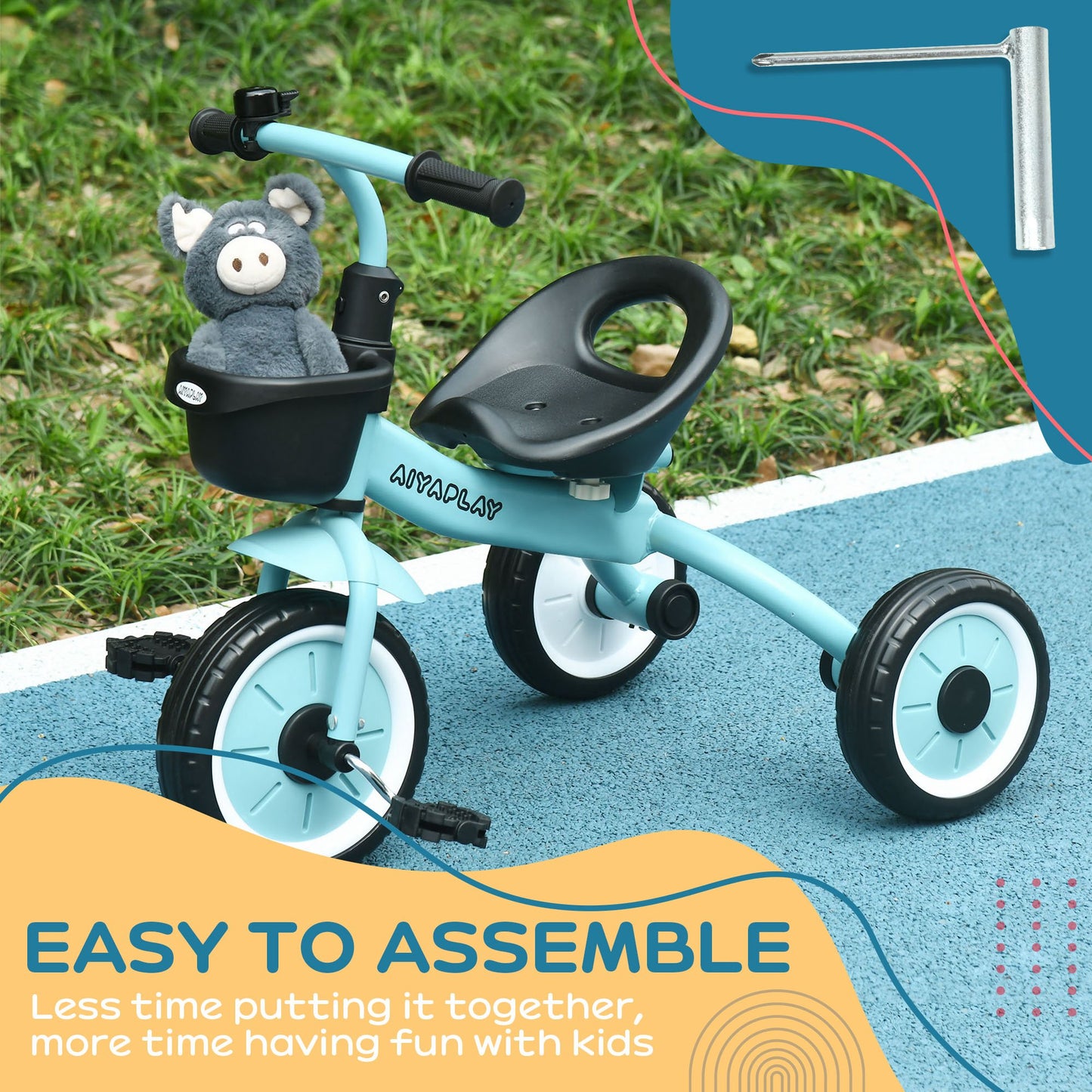 Kids Trike, Tricycle, with Adjustable Seat, Basket, Bell