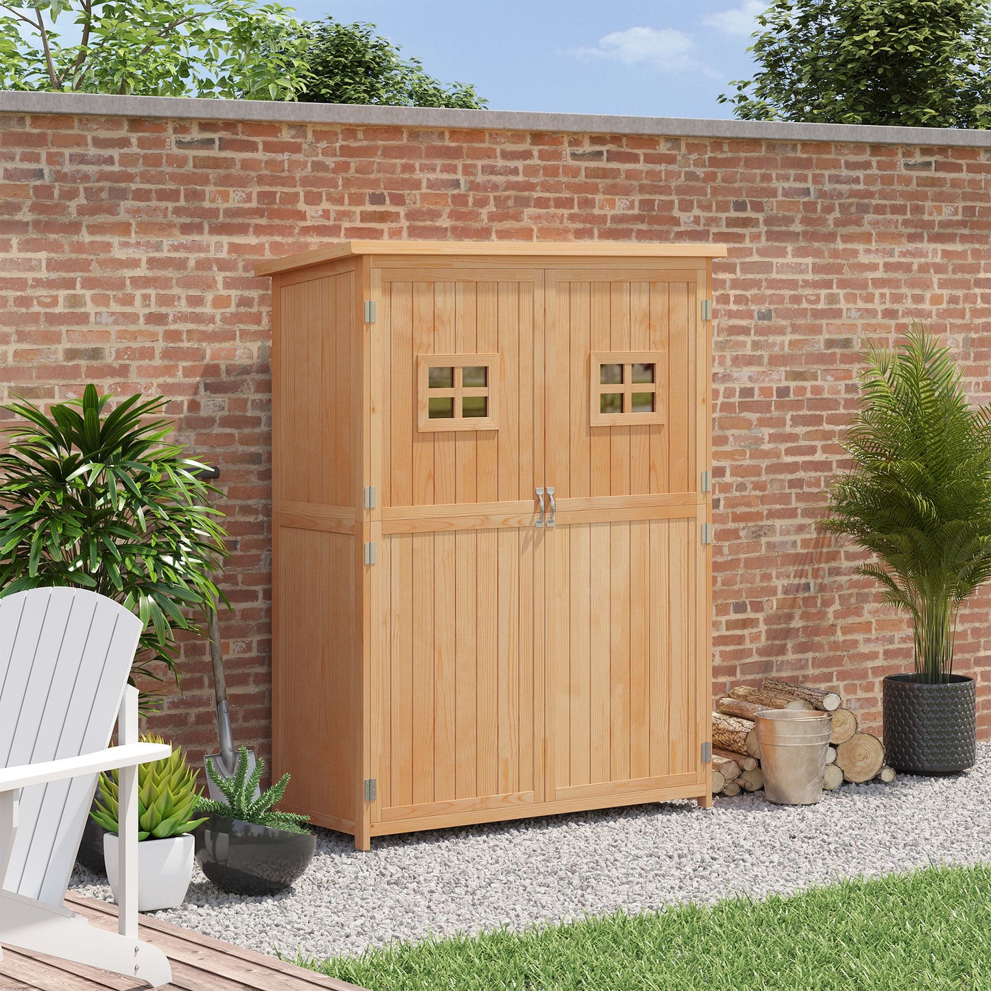 Wooden Garden Shed with Two Windows, Tool Storage Cabinet