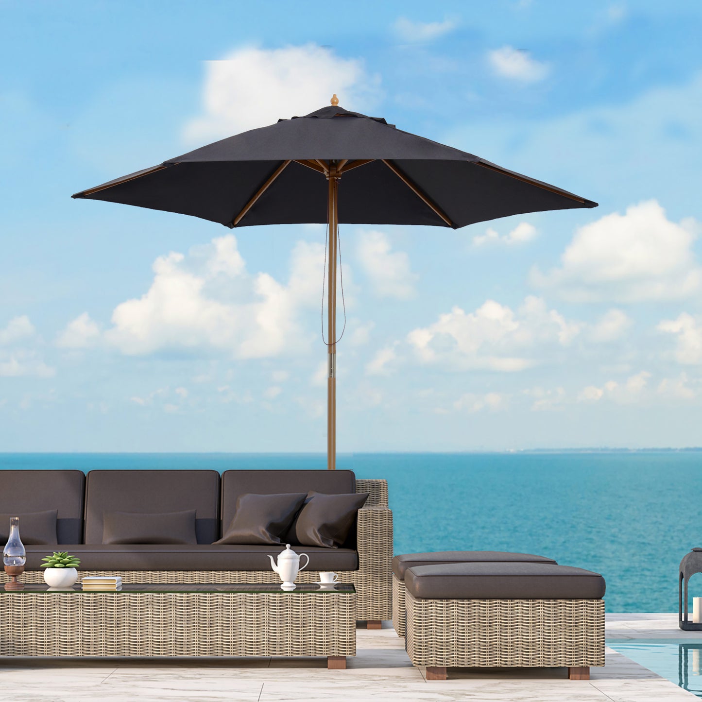 2.5m Wood Garden Parasol Sun Shade Patio Outdoor Wooden Umbrella (1)