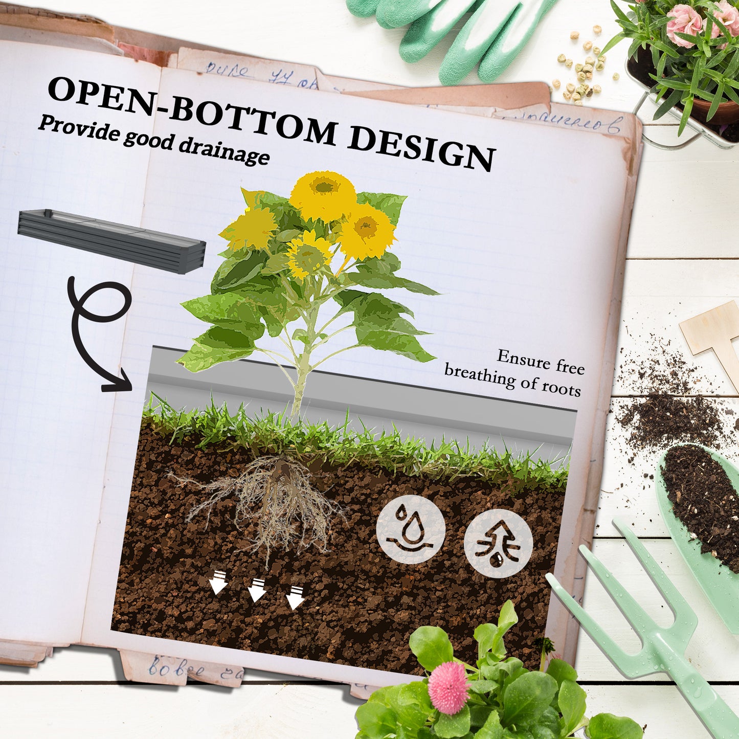 60 x 240cm Galvanised Steel Planter, with Open Bottom
