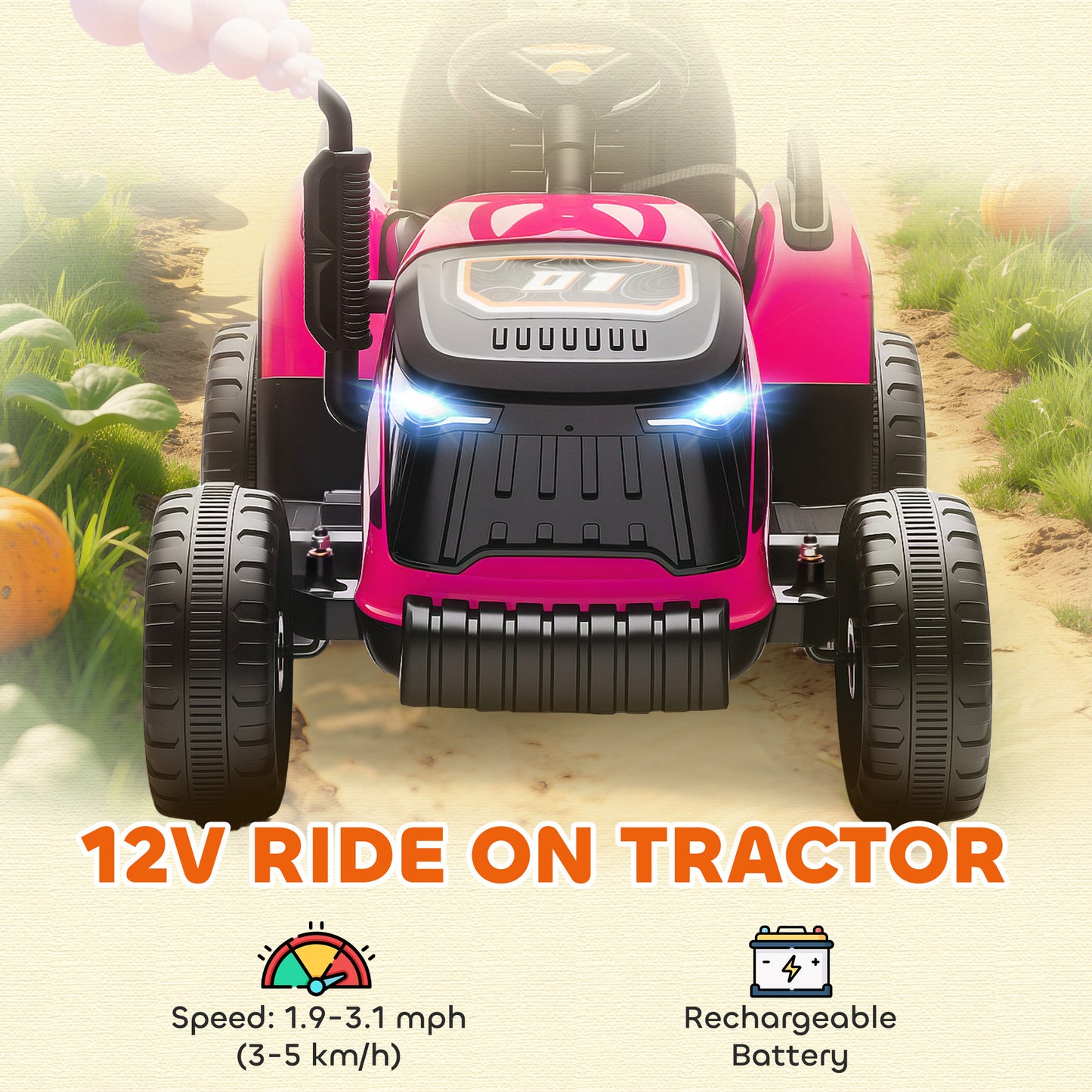12V Ride on Tractor and Trailer with Remote Control, Music, Shifter