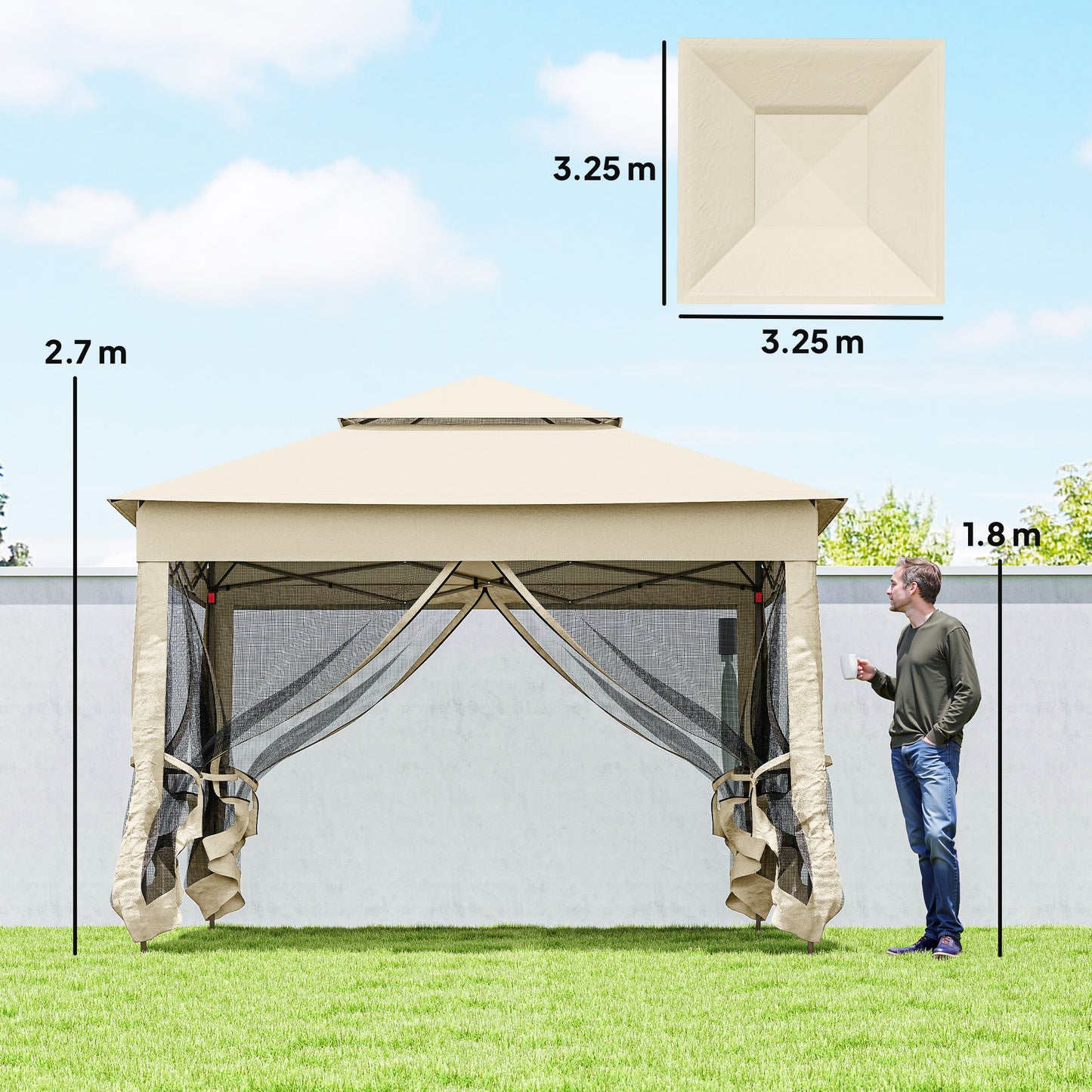 3 x 3(m) Pop Up Gazebo, Double-roof Garden Tent with Netting