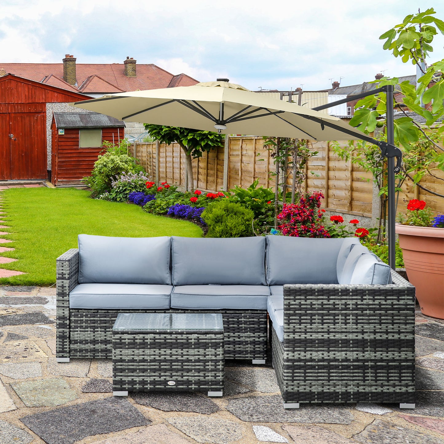 Four-Piece Rattan Sofa Set with 11 Cushions, Steal Frame
