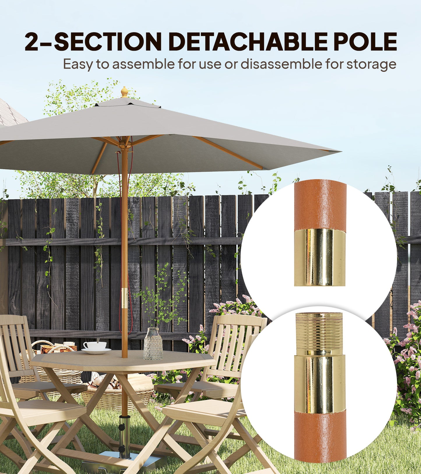 2.5m Wood Garden Parasol Sun Shade Patio Outdoor Wooden Umbrella
