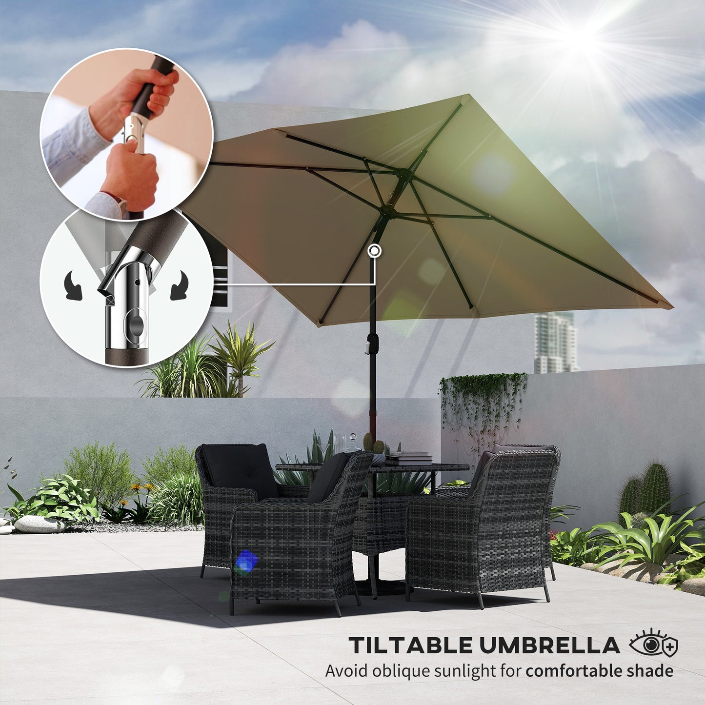 Garden Parasol, Parasol Umbrella with Crank Handle, Tilt Function
