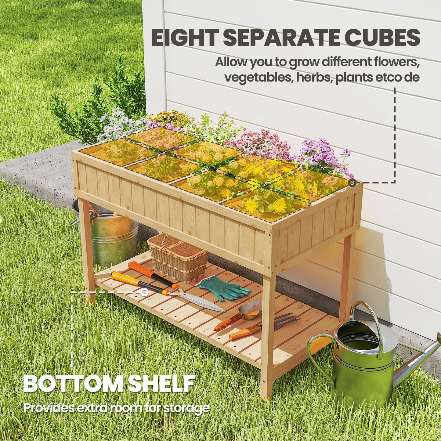 Garden Wooden Planters, Rectangular 8 Compartment Plant Stand