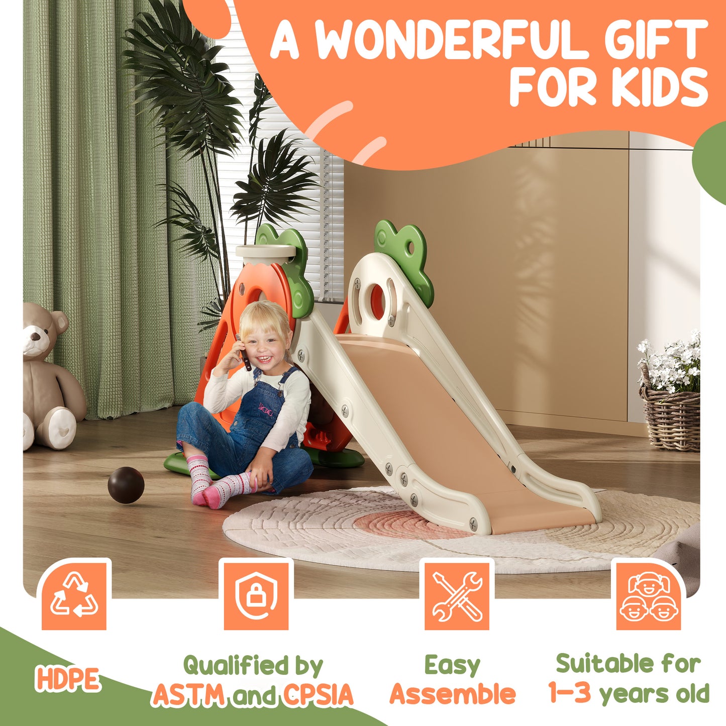 3 in 1 Foldable Toddler Slide with Basketball Hoop, Climber