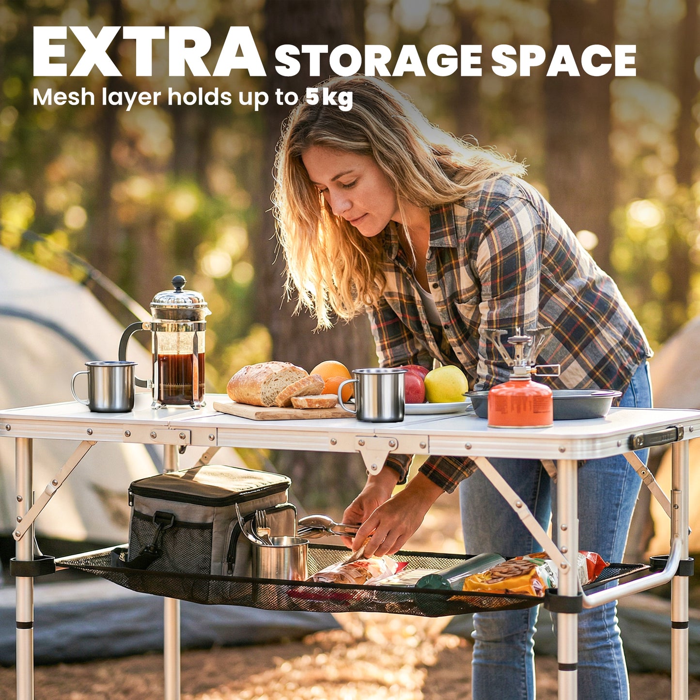 3ft Folding Camping Table, Picnic Table with Mesh Storage Layer