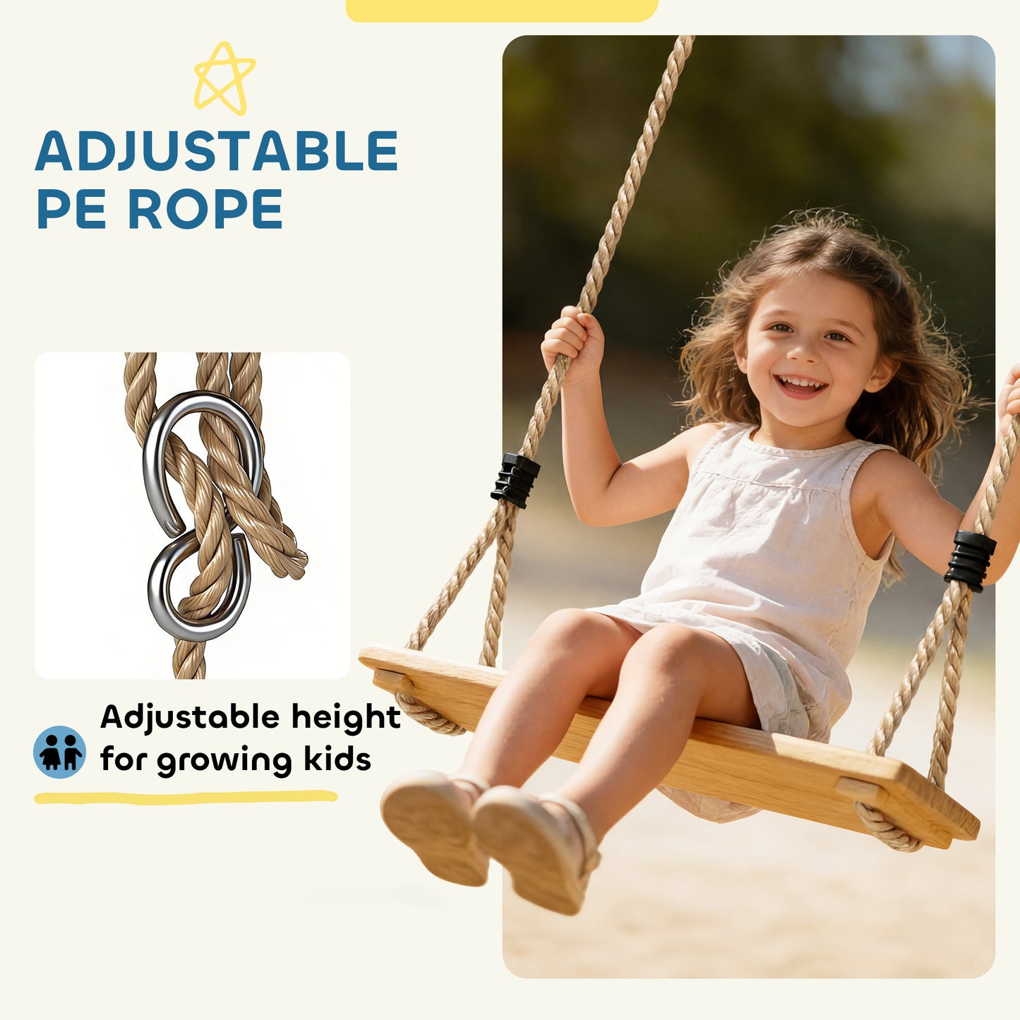 Wooden Swing Seat, Kids Swing Set with Adjustable Rope
