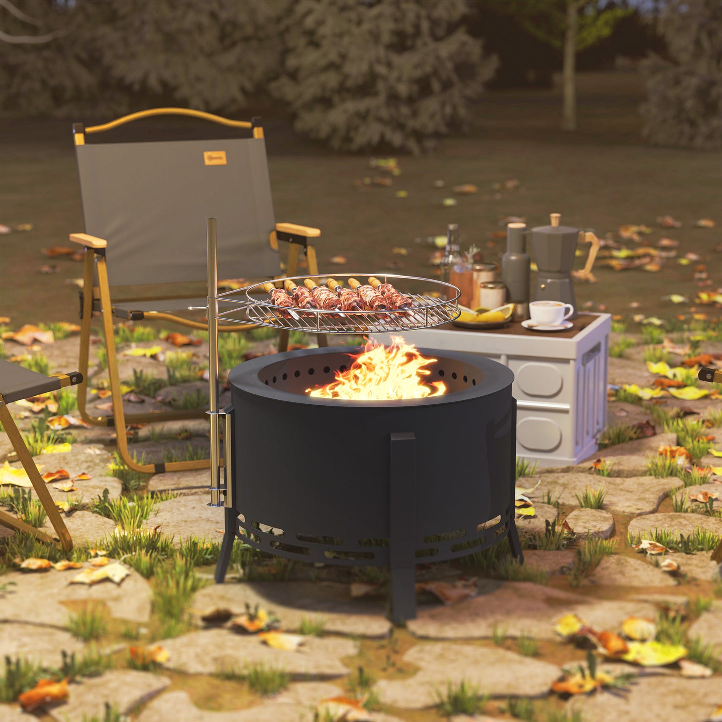 Portable Fire Pit, 58 cm Round Firepit with Grill Grate