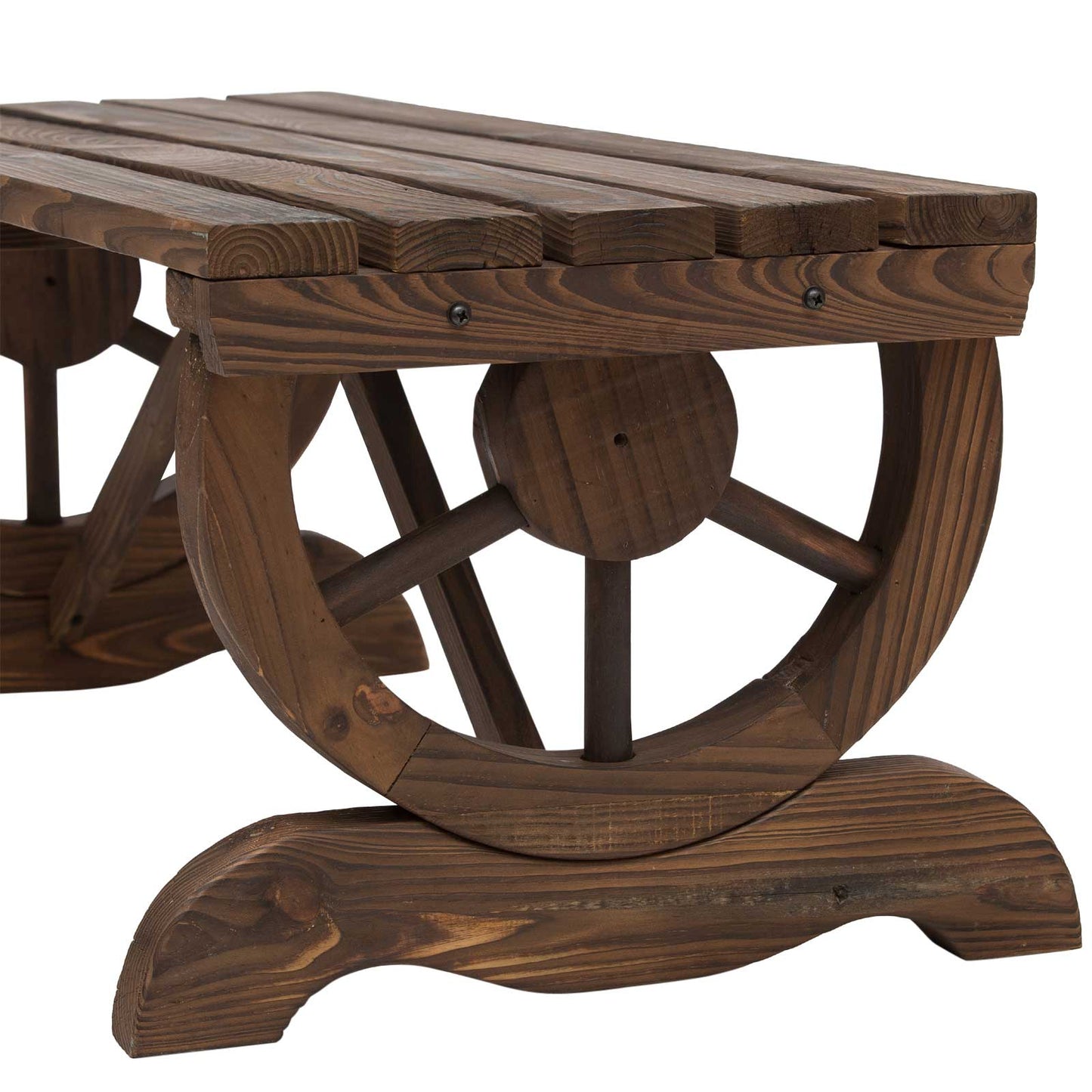 Garden Rustic Wooden Bench Wheel-Shaped Legs Slatted Seat Stable