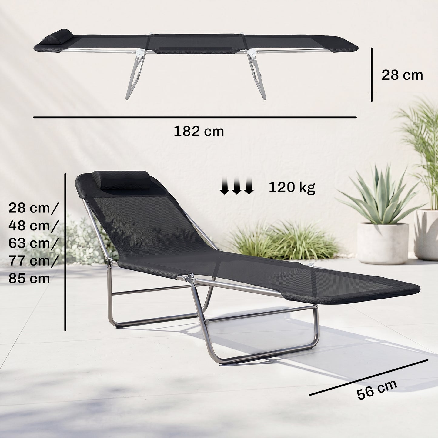 Folding Sun Lounger, Texteline Reclining Sun Bed