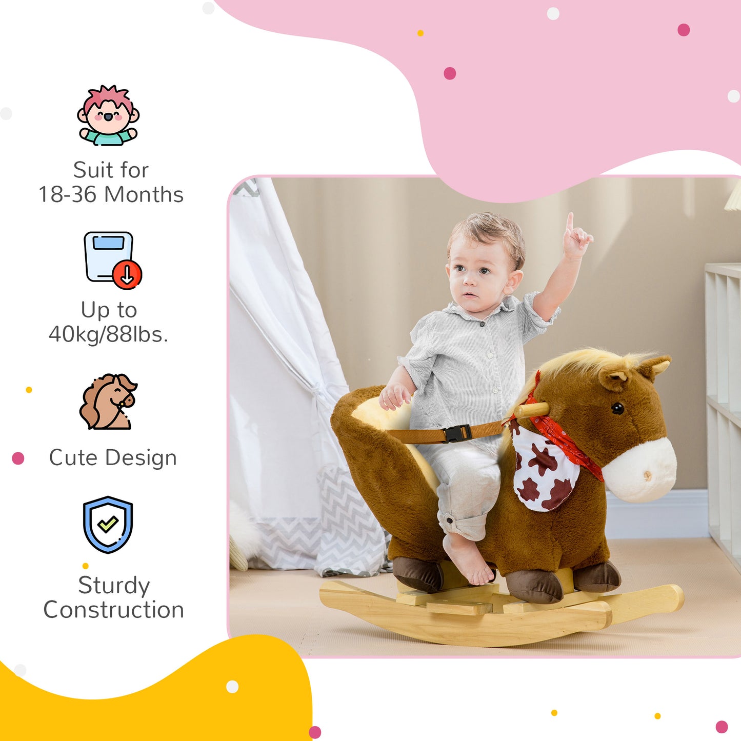 Kids Rocking Horse, with Secure Harness, Sounds, Foot Pedals