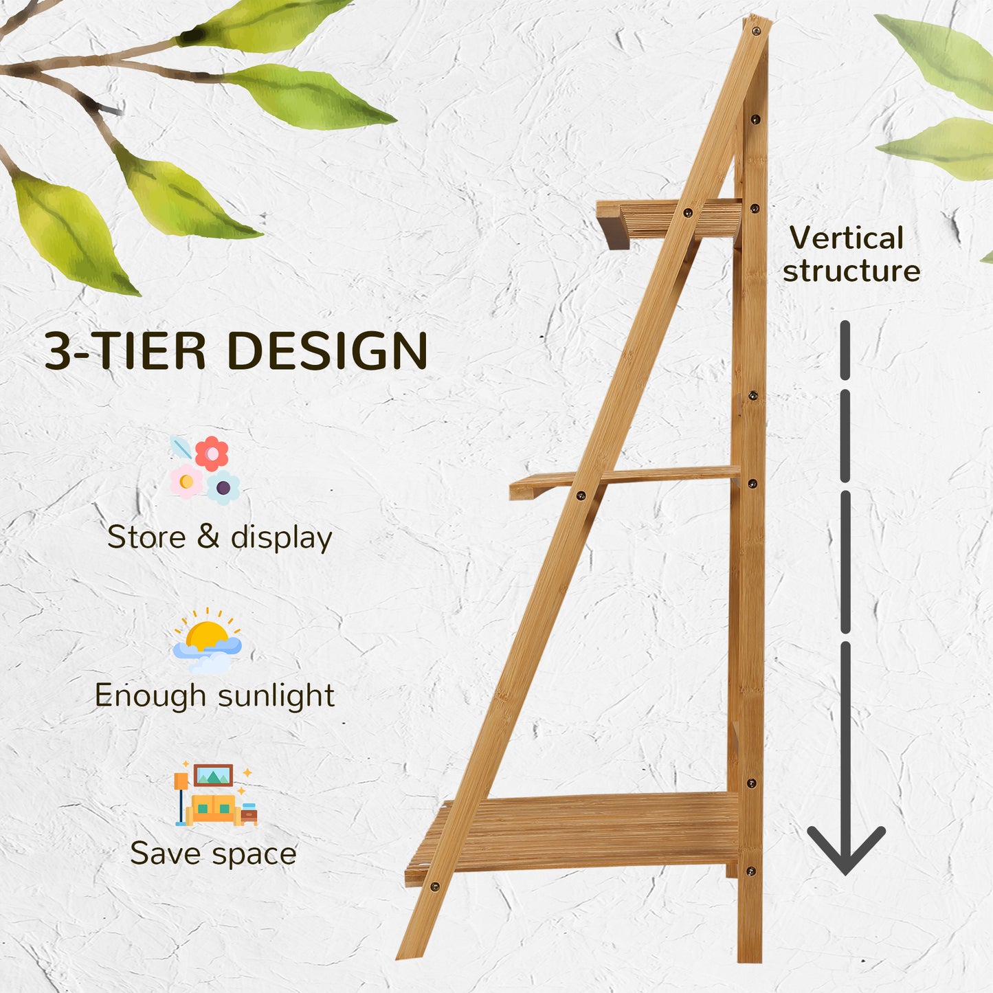 3-Tier Plant Stand, Plant Shelf Rack, Folding Bamboo Display Stand