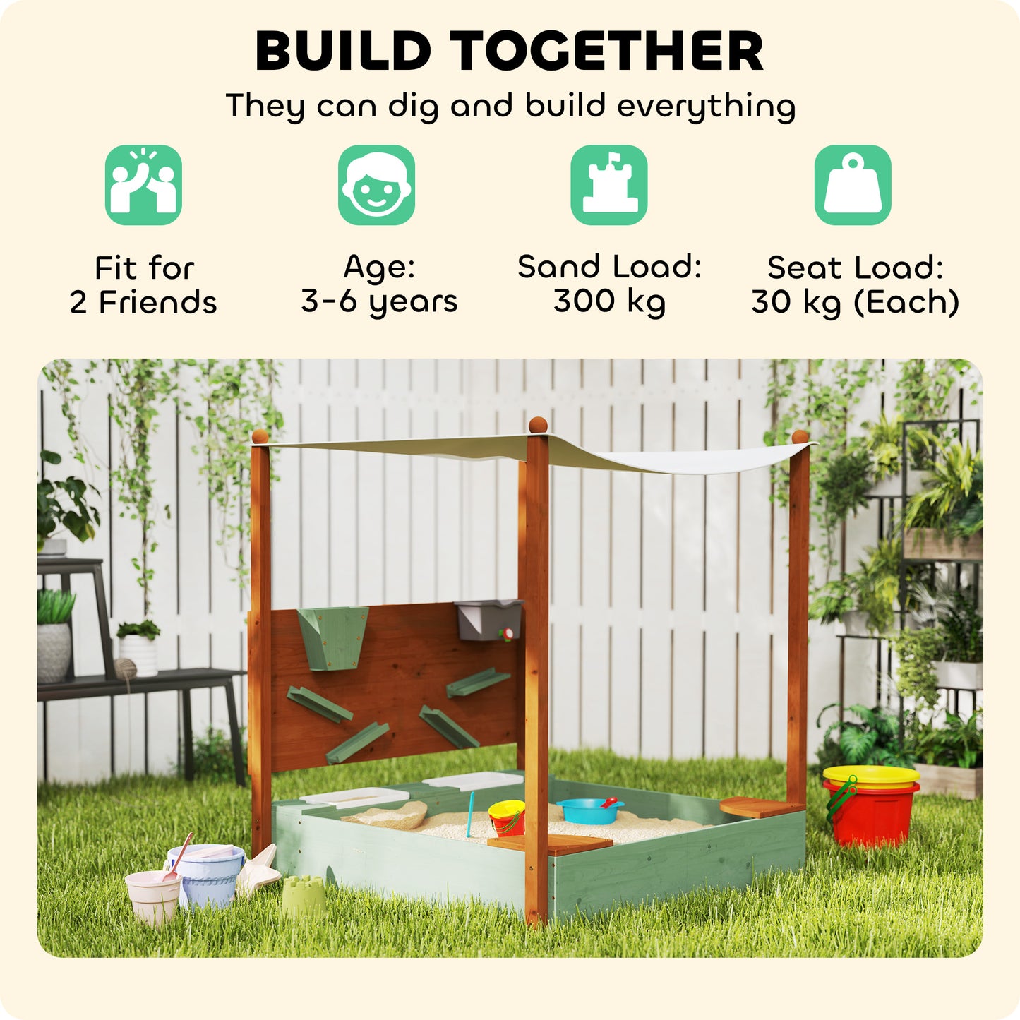 Wood Sandpit with Canopy, Storage Bins, Funnel, Liner, Chutes