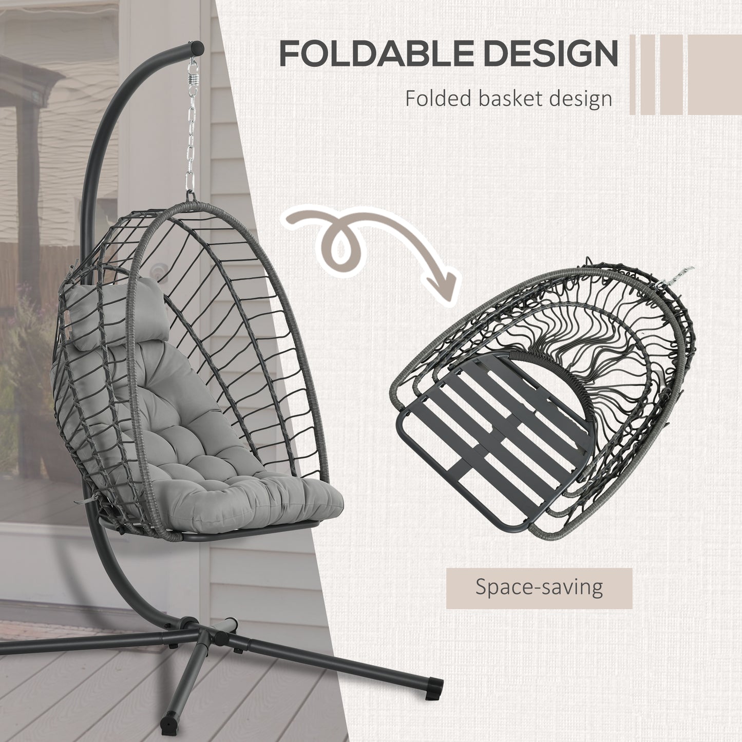 Outdoor PE Rattan Swing Chair with Foldable Basket and Cushion