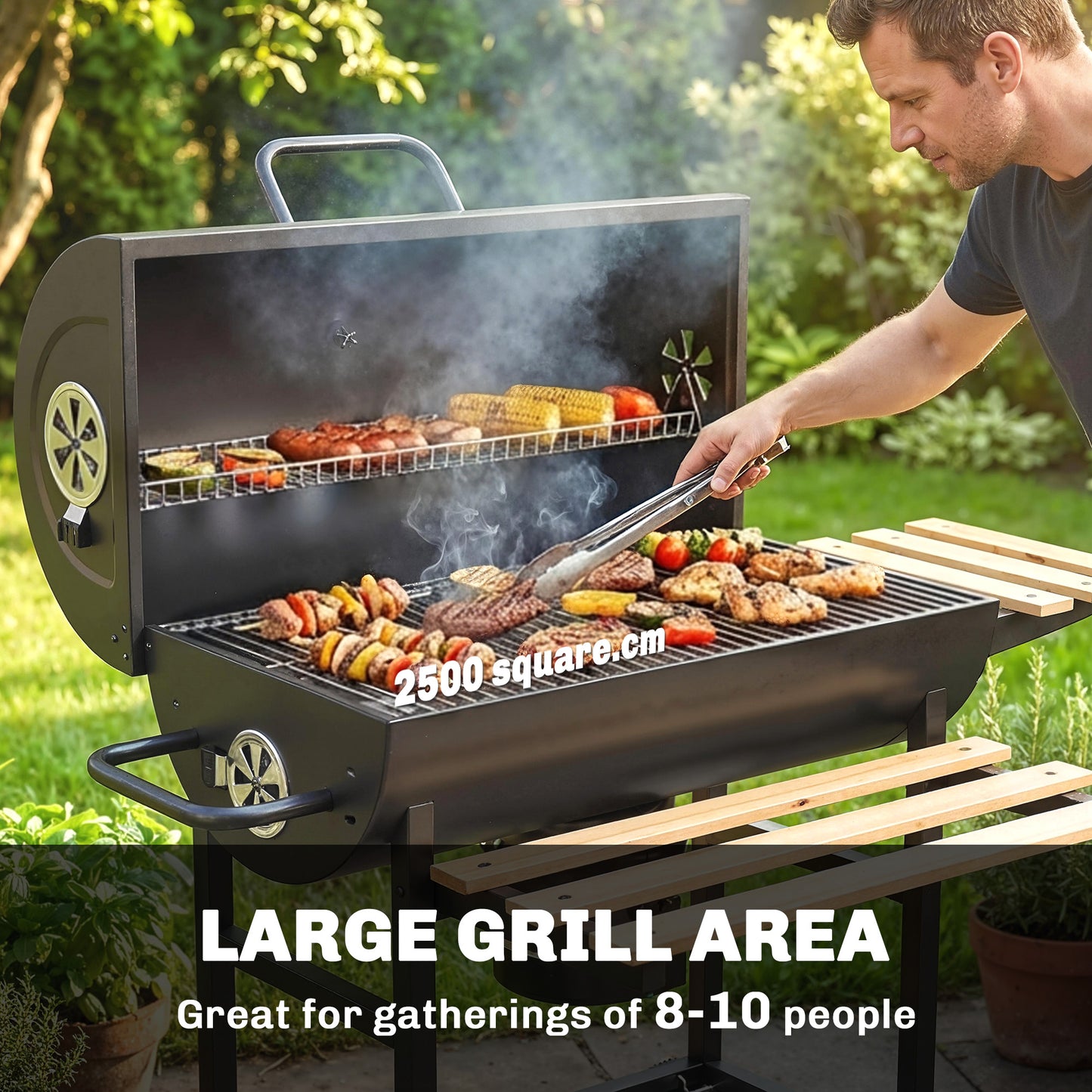 Charcoal Grill, Barrel BBQ Smoker with Warming Rack