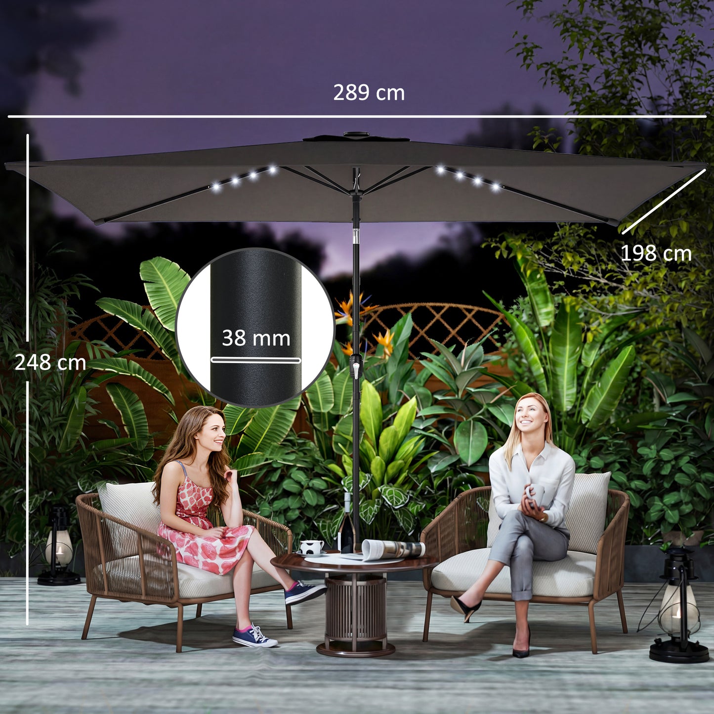 3 x 2 m Garden Parasol Umbrella with LED Solar Light, Parasol Cover