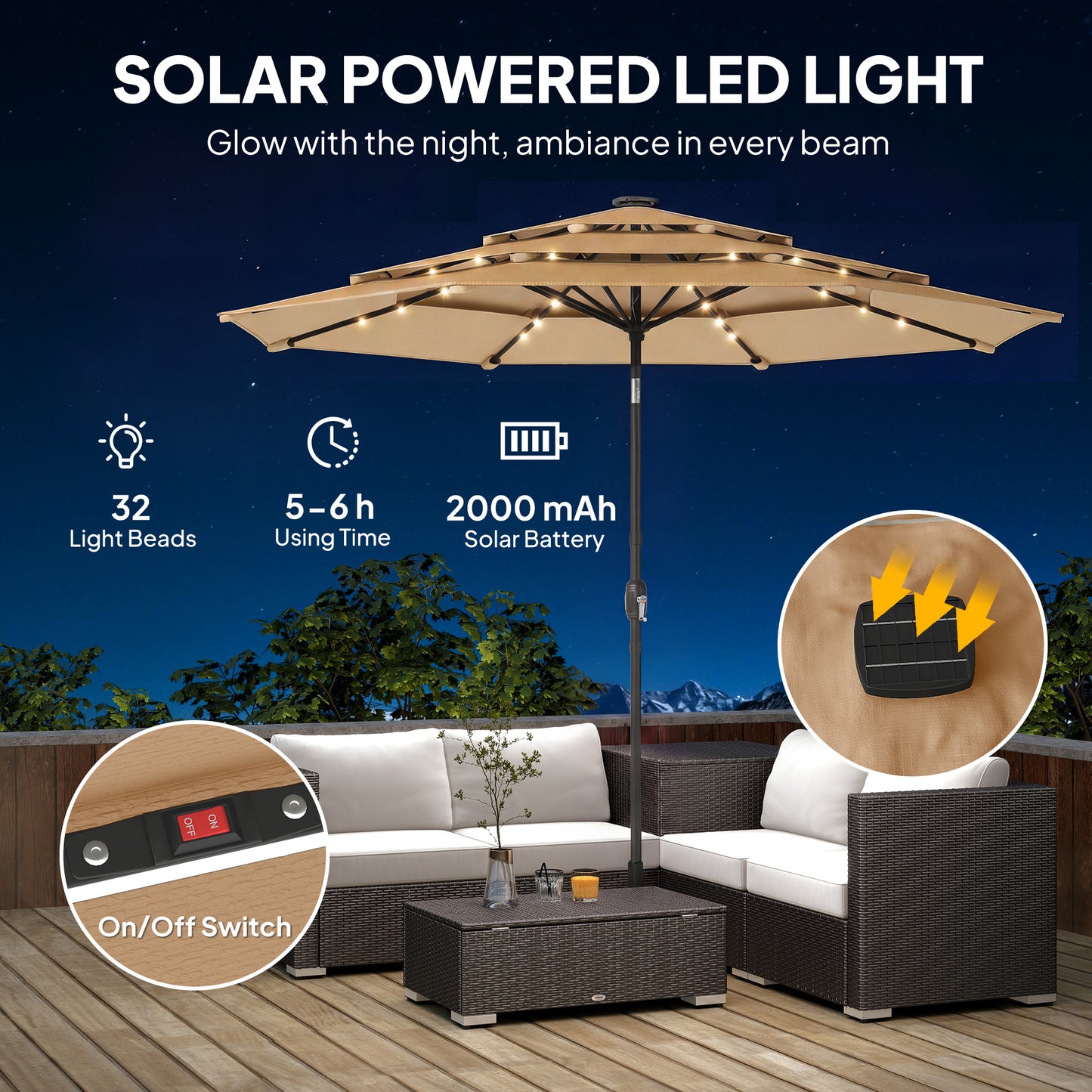 2.8 m Garden Parasol Umbrella with LED Solar Light, Parasol Cover