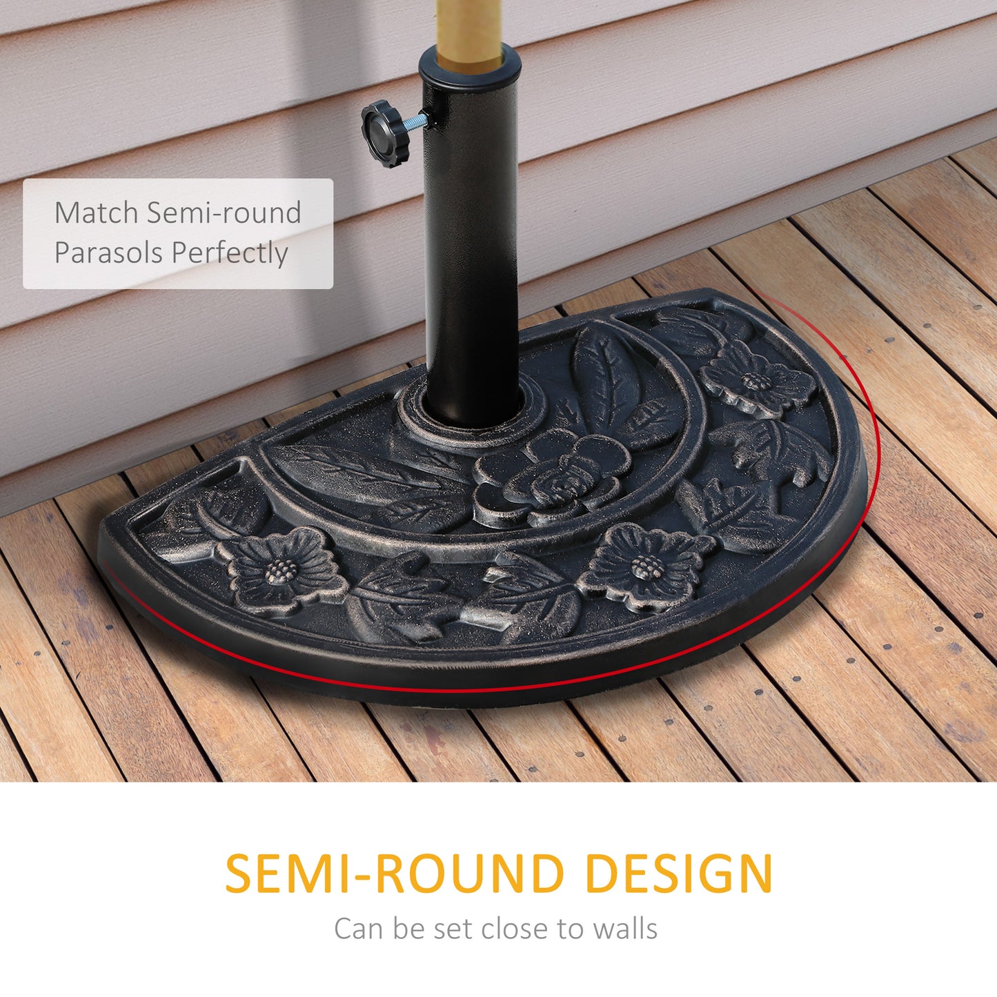 9kg Resin Parasol Base, Half Round Umbrella Stand with Floral Design