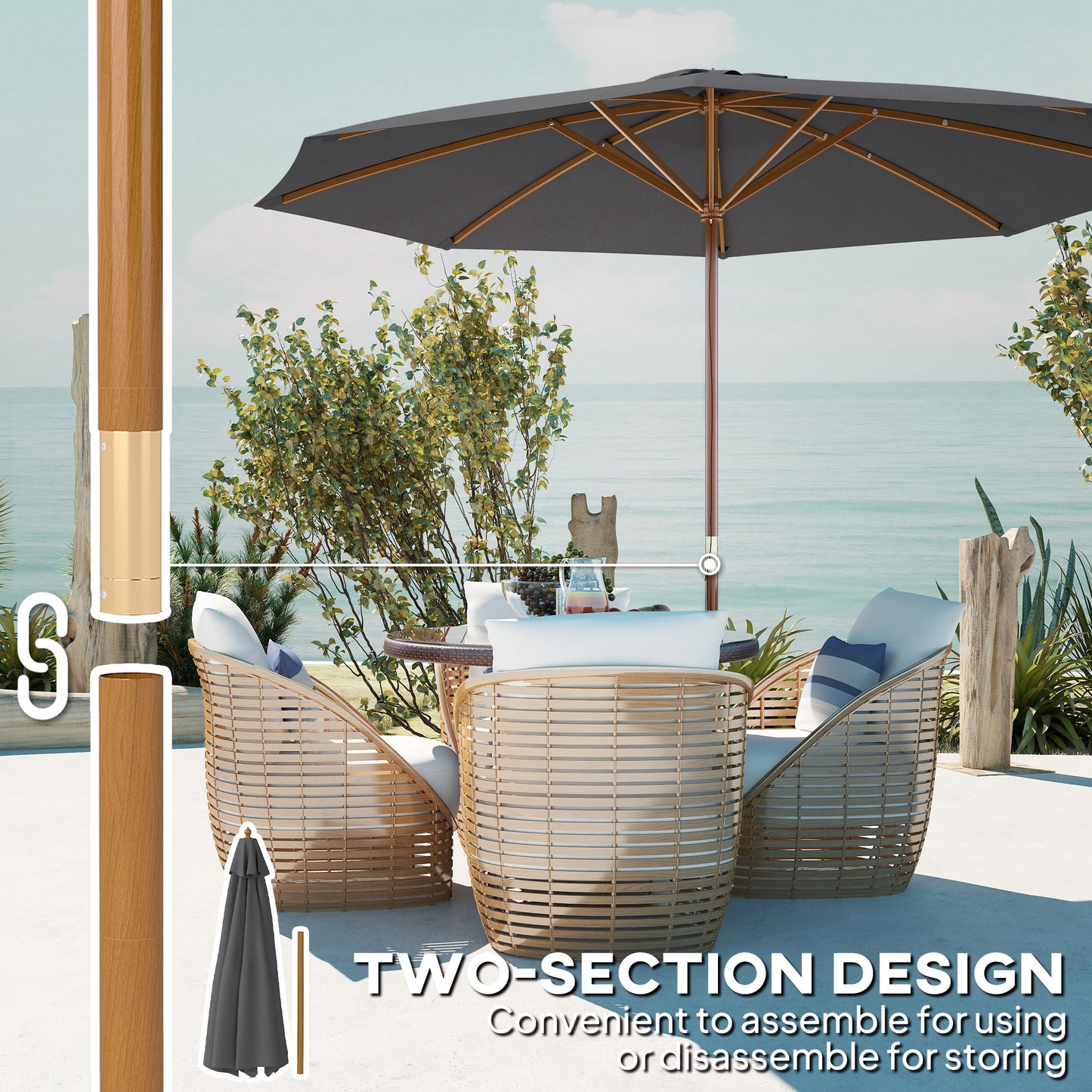 3m Wood Pole Parasol Umbrella