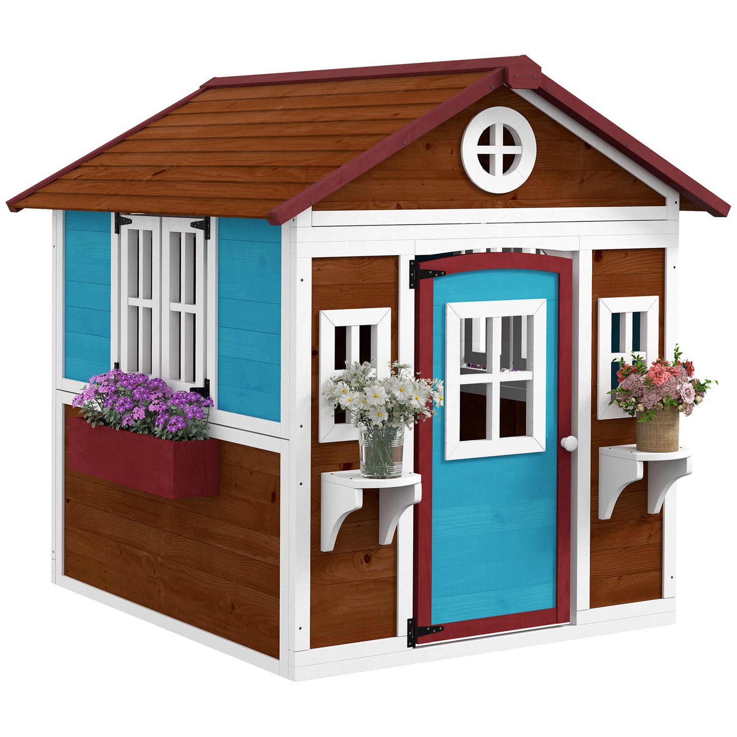 Wooden Playhouse with Doors, Windows, Plant Pots, Boxes, for 3-8 Years