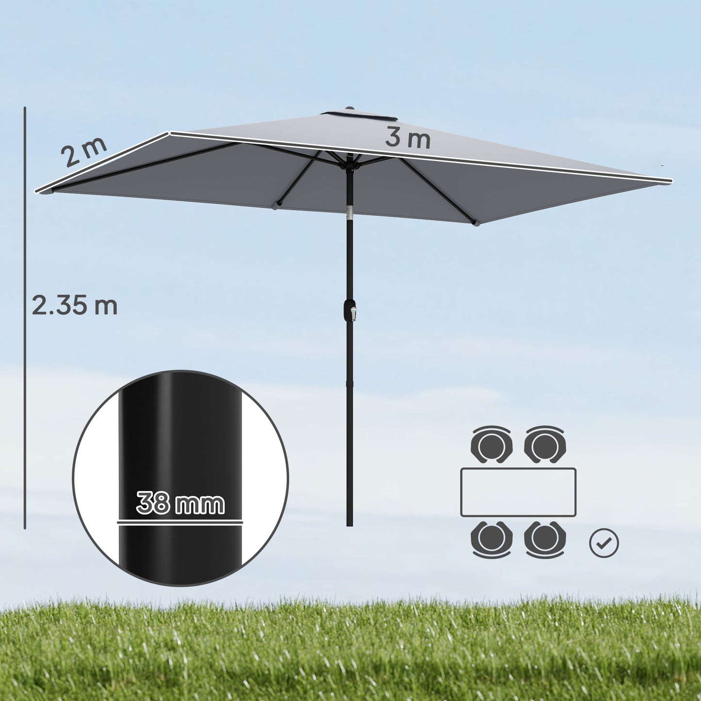 Garden Parasol, Parasol Umbrella with Crank Handle, Tilt Function