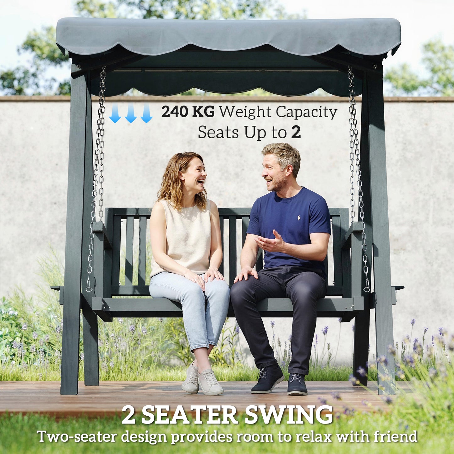 2 Seater Garden Swing Seat with Canopy, Wooden Swing Chair