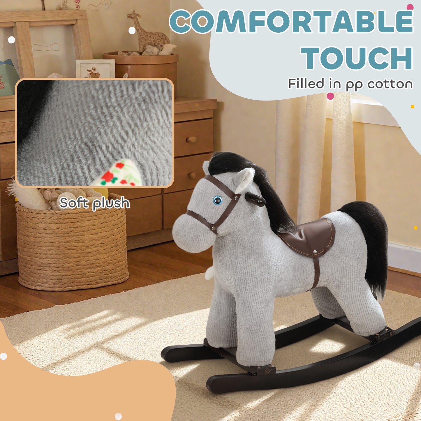 Baby Rocking Horse, Plush Ride on Toy with Handle Grip