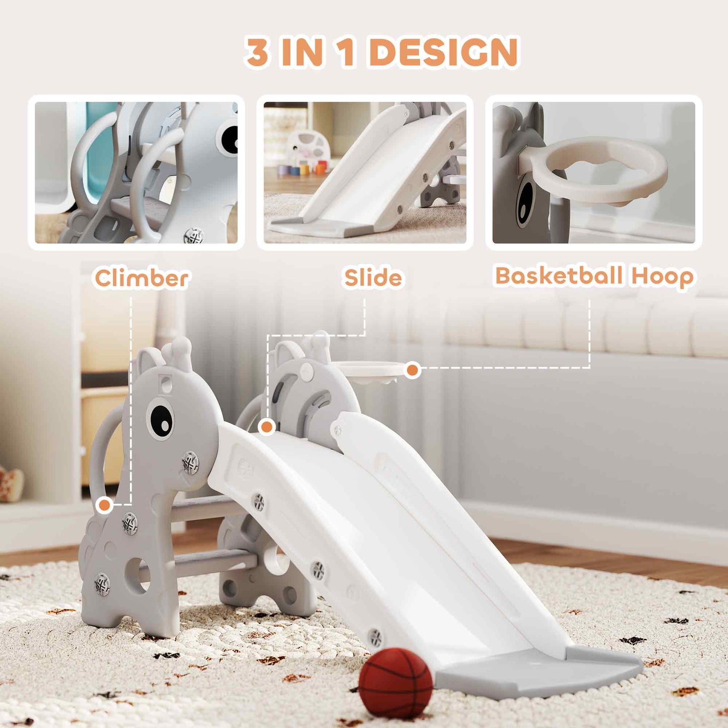 3 in 1 Kids Slide with Climber, Basketball Hoop and Ball