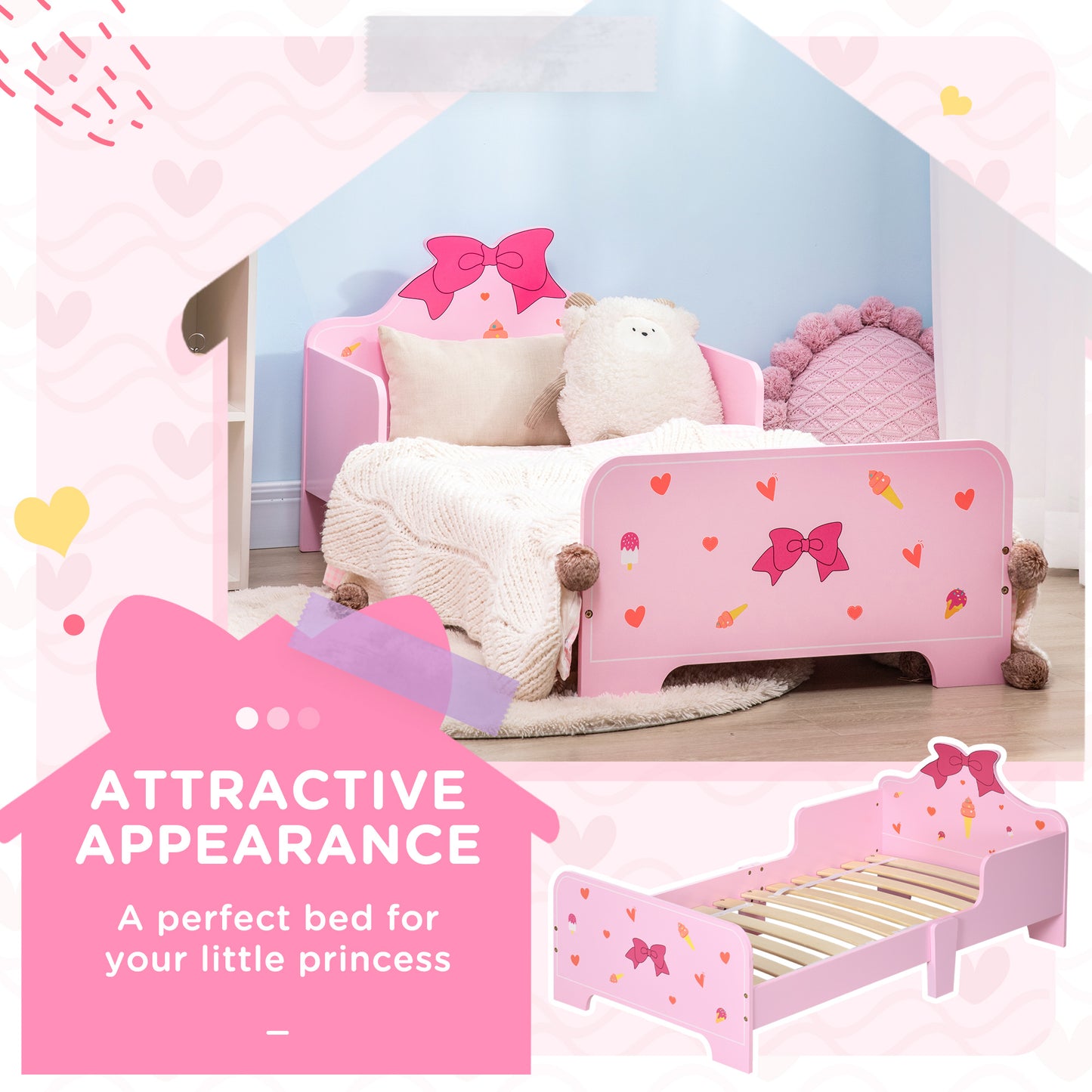 Princess-Themed Kids Toddler Bed w/ Cute Patterns, Safety Rails