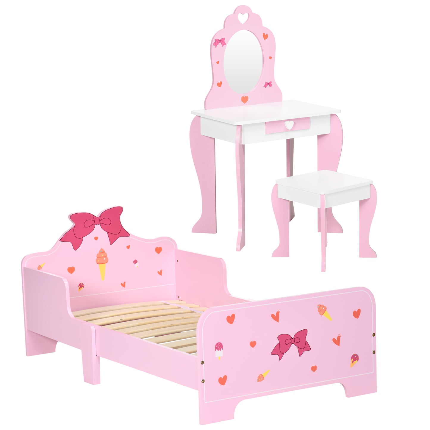 3PCs Kids Bedroom Furniture Set with Bed, Dressing Table and Stool