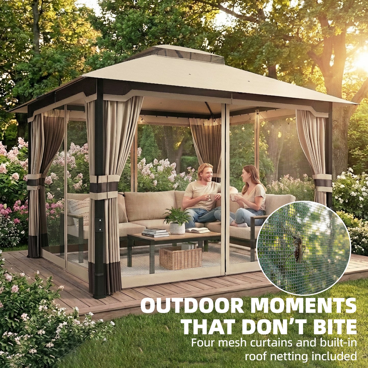 3 x 3.6 m Outdoor Garden Gazebo with Netting and Curtains