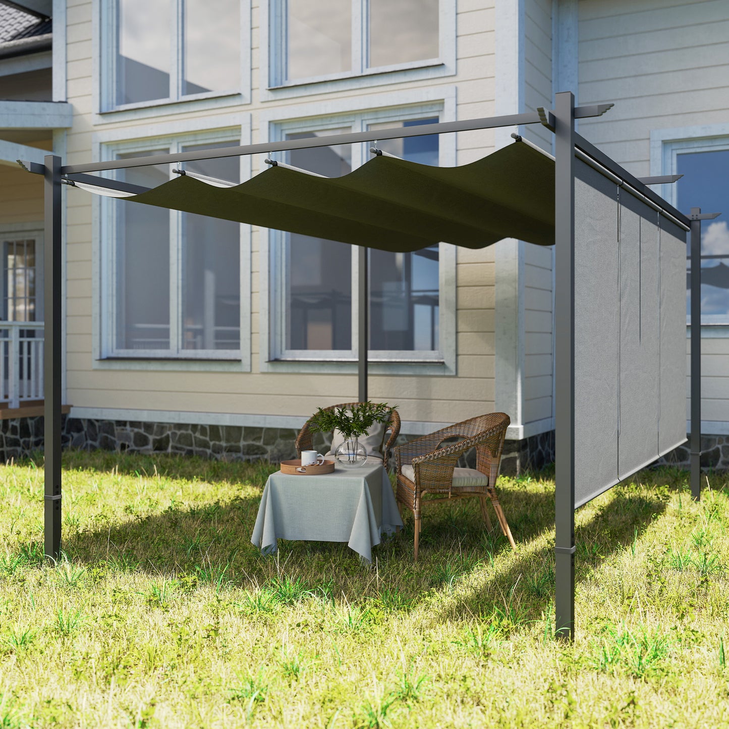 3 x 4m Metal Pergola with Retractable Roof and Roller Shade