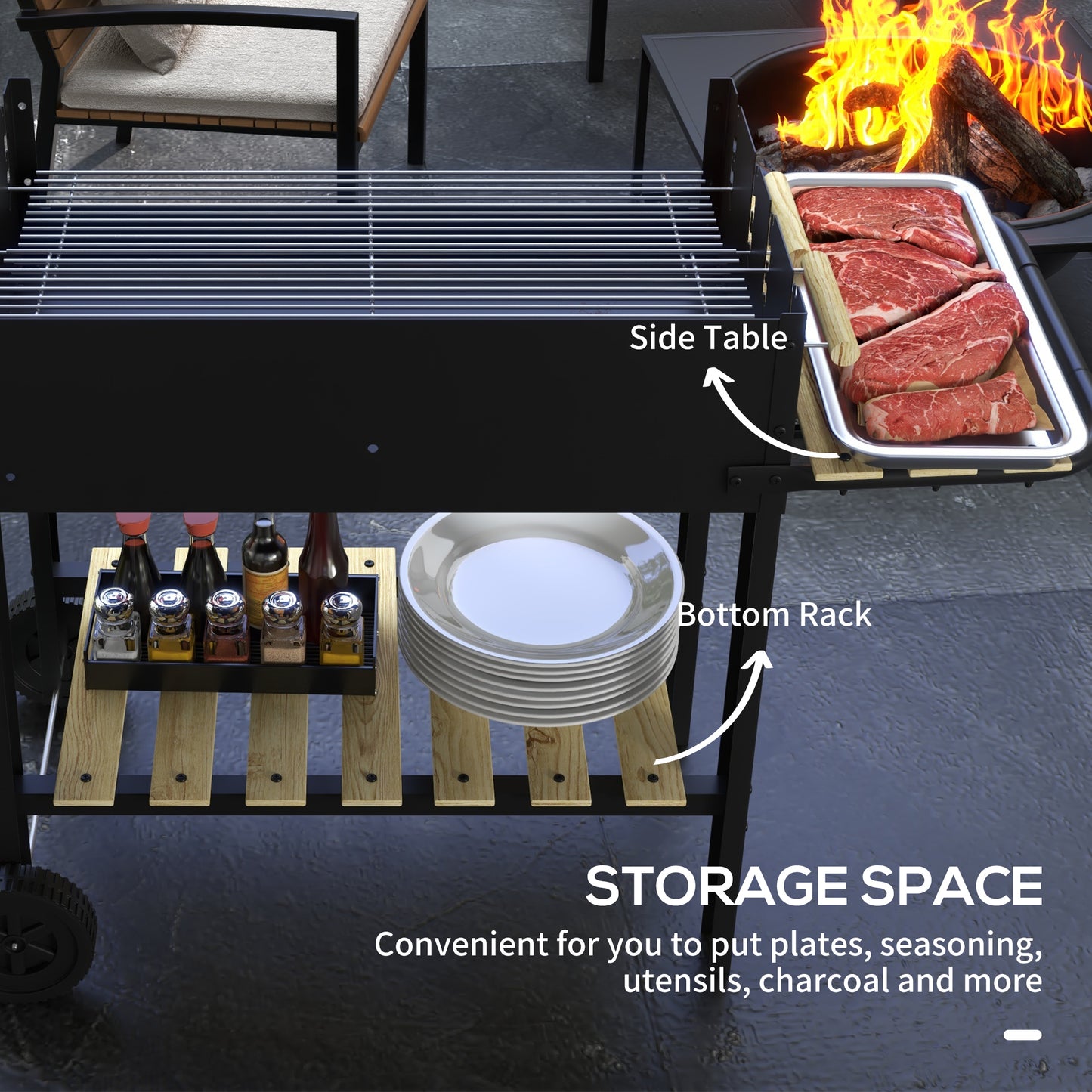 Charcoal BBQ Grill, Barbecue Trolley with Double Adjustable Grill