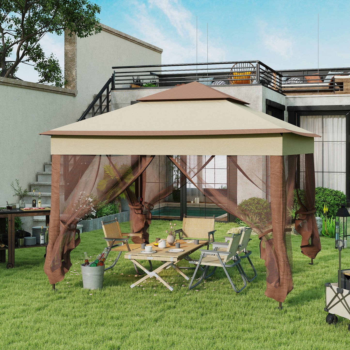 3 x 3(m) Pop Up Gazebo, Double-roof Garden Tent with Netting