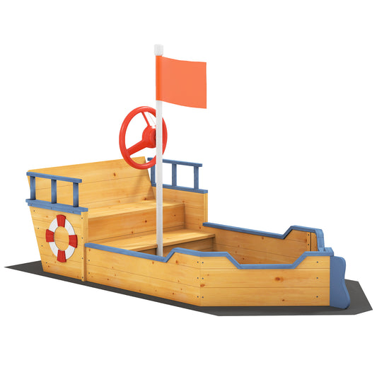 Kids Sand Pit, Children Pirate Ship Sandbox with Bench, Bottom Liner