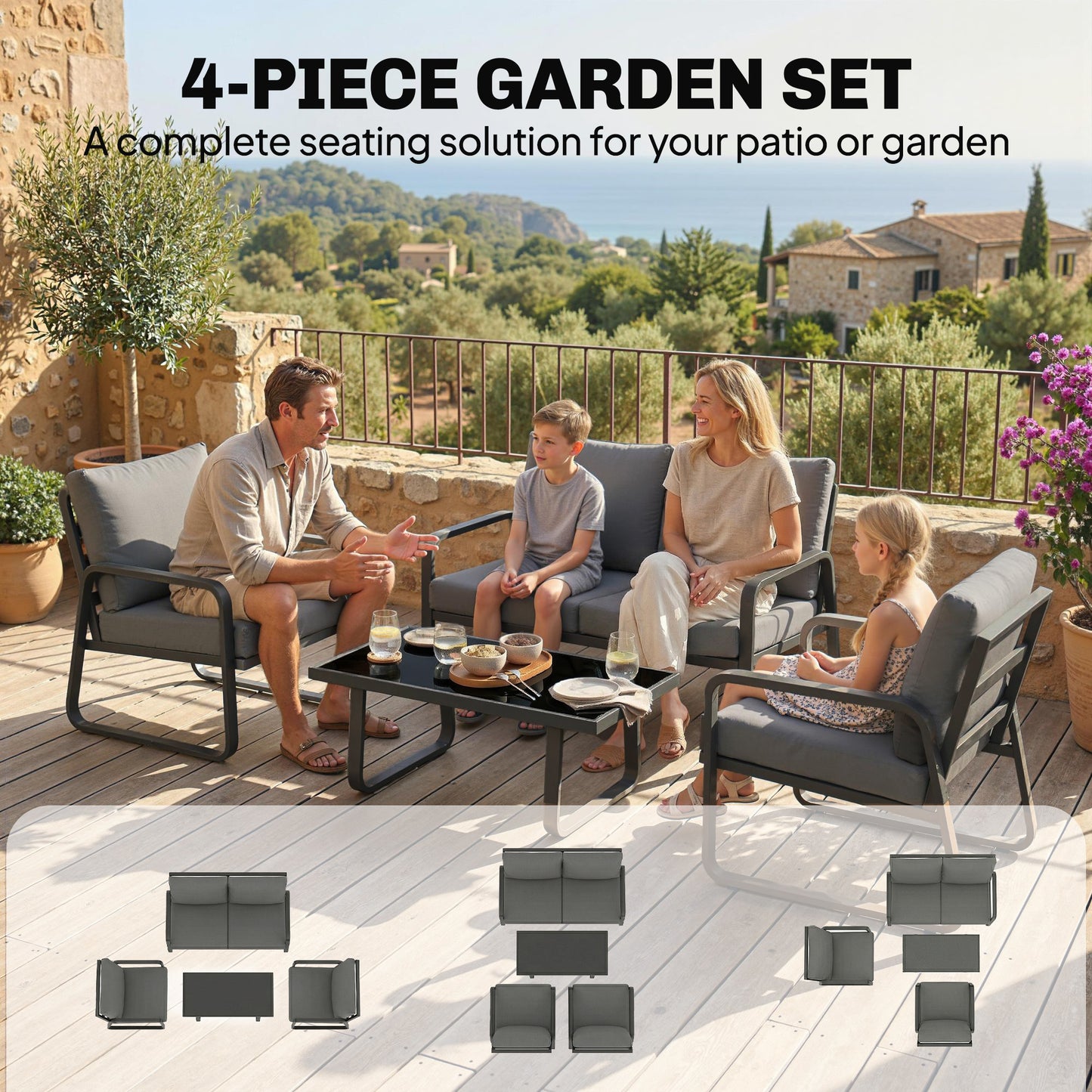 4 Piece Garden Furniture Set, Outdoor Sofa Set with Loveseat