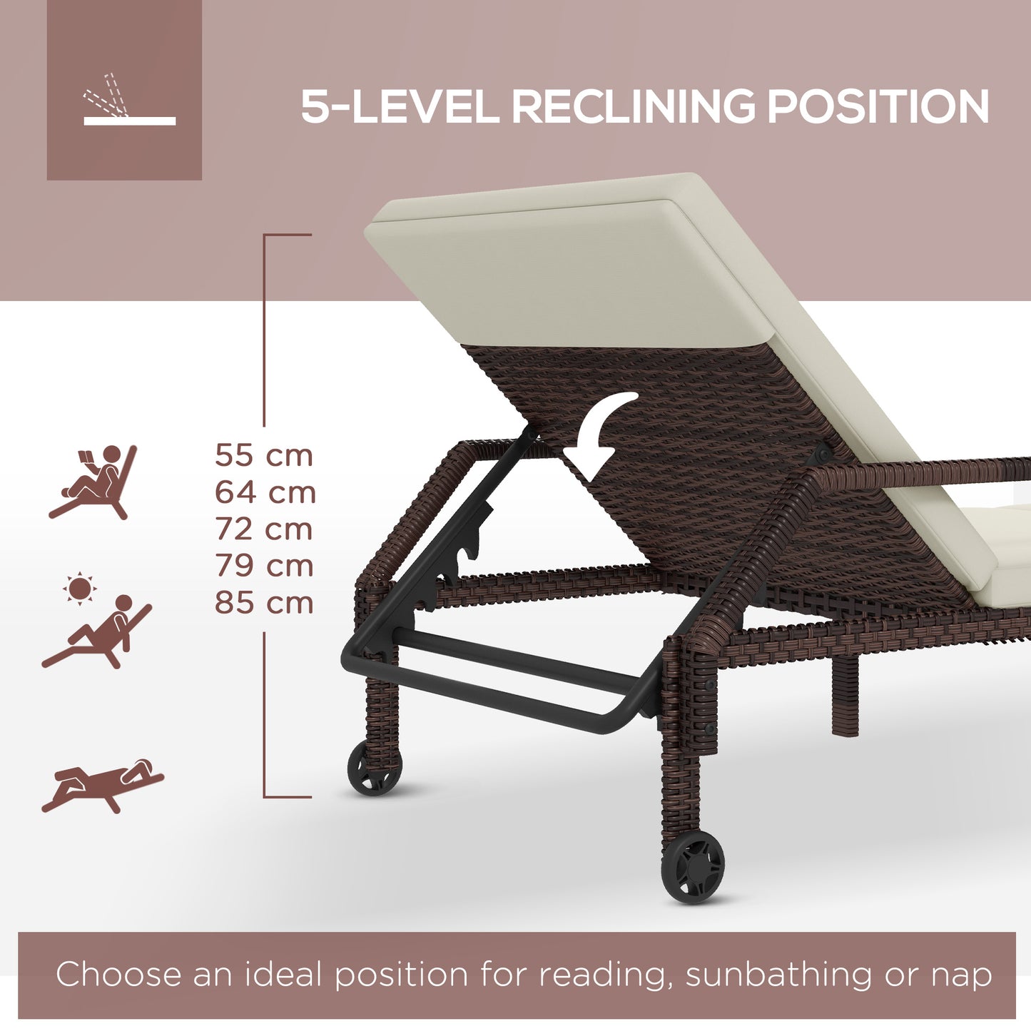 Outdoor Sun Lounger, Rattan Wicker Chaise Recliner