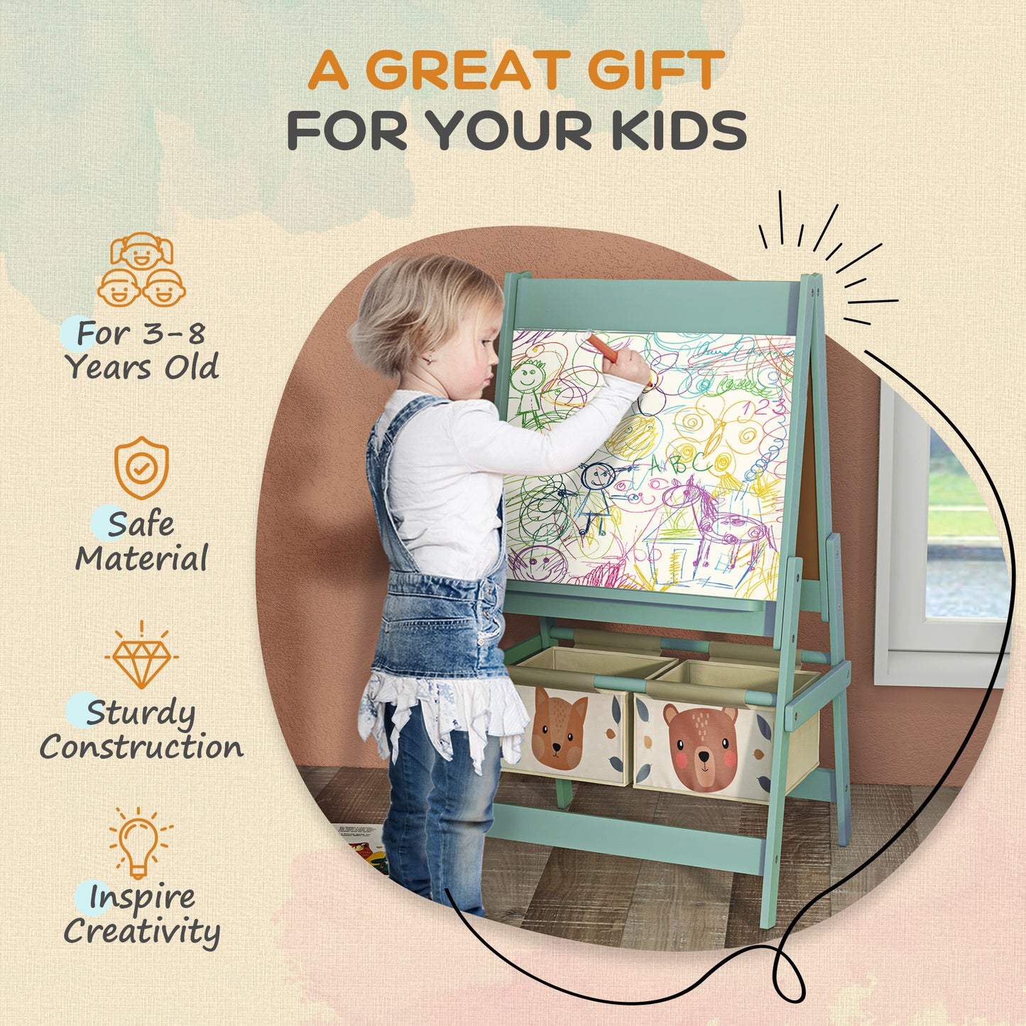Three-In-One Kids Easel with Paper Roll, Art Easel, with Storage